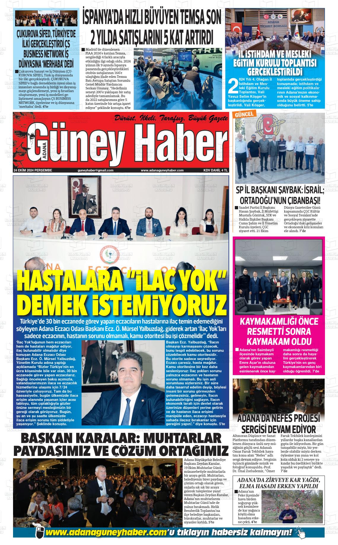 24 Ekim 2024 Adana Güney Haber Gazete Manşeti