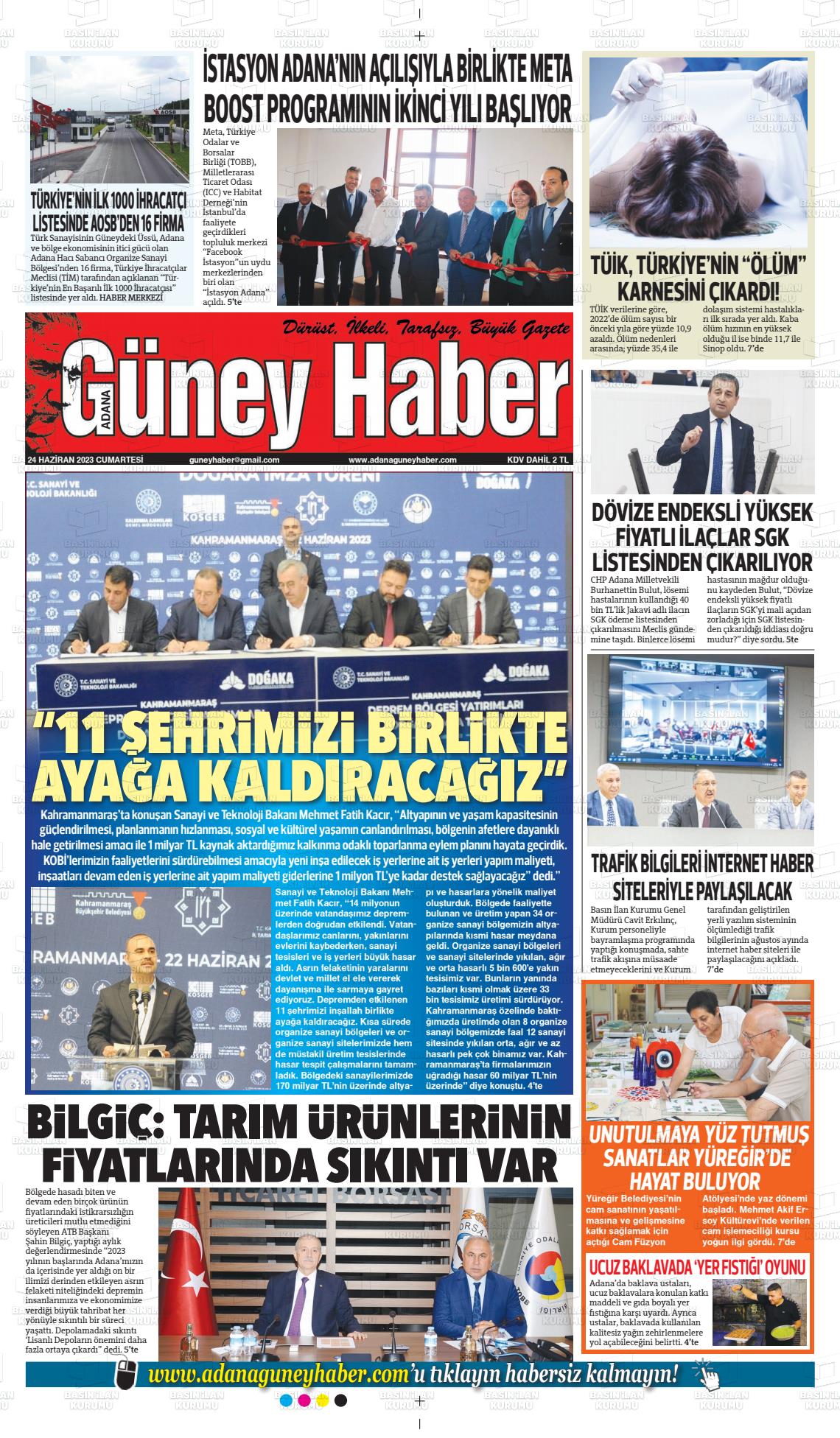 24 Haziran 2023 Adana Güney Haber Gazete Manşeti