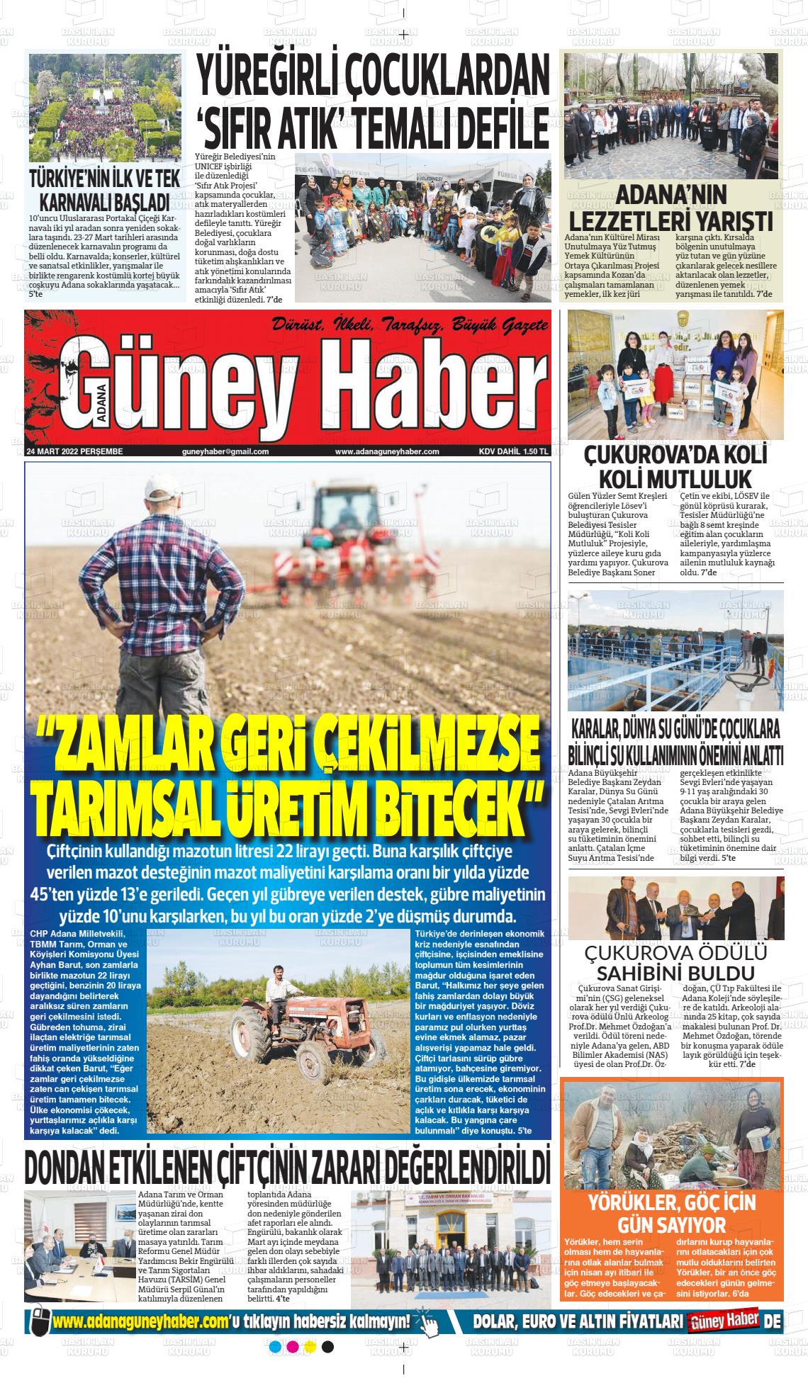 24 Mart 2022 Adana Güney Haber Gazete Manşeti