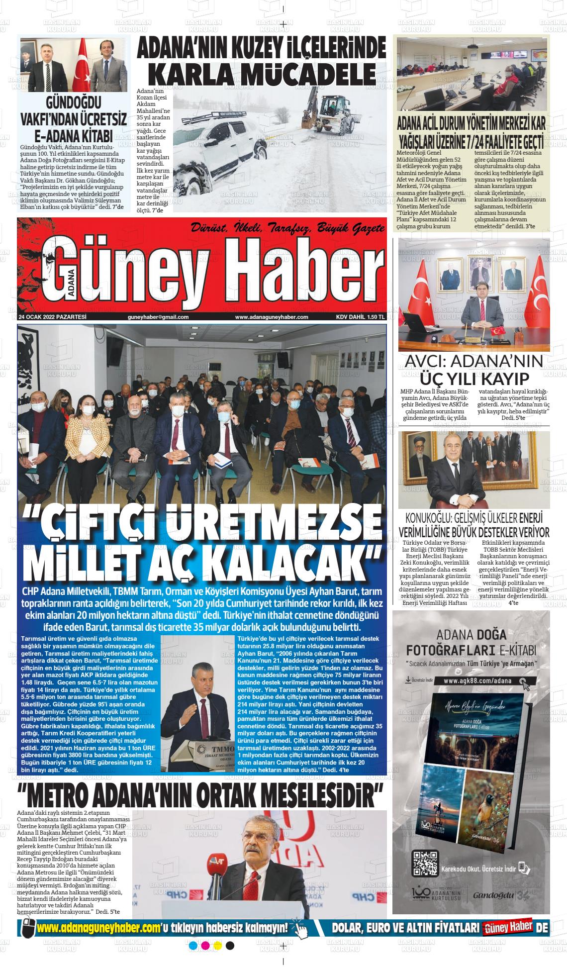 24 Ocak 2022 Adana Güney Haber Gazete Manşeti