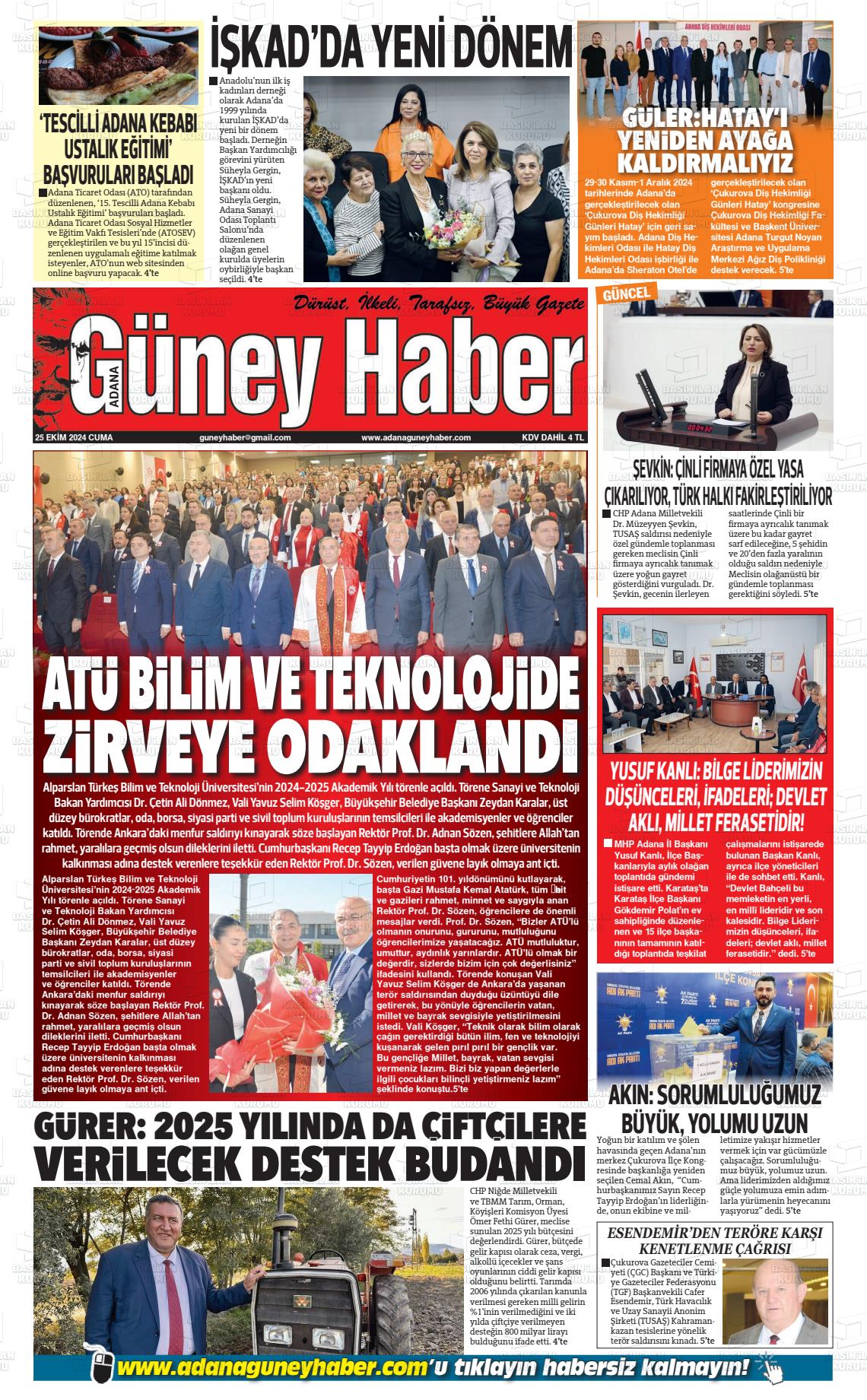 25 Ekim 2024 Adana Güney Haber Gazete Manşeti