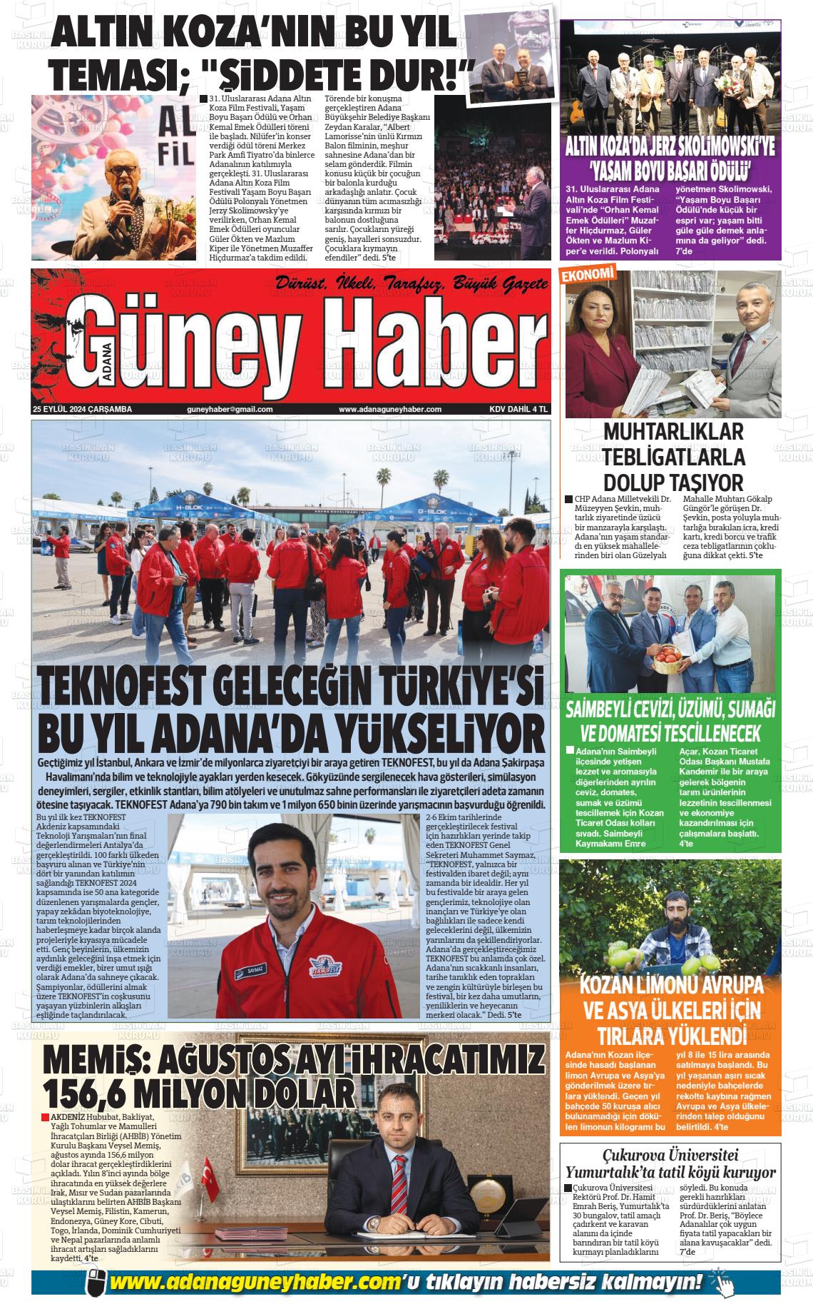 25 Eylül 2024 Adana Güney Haber Gazete Manşeti