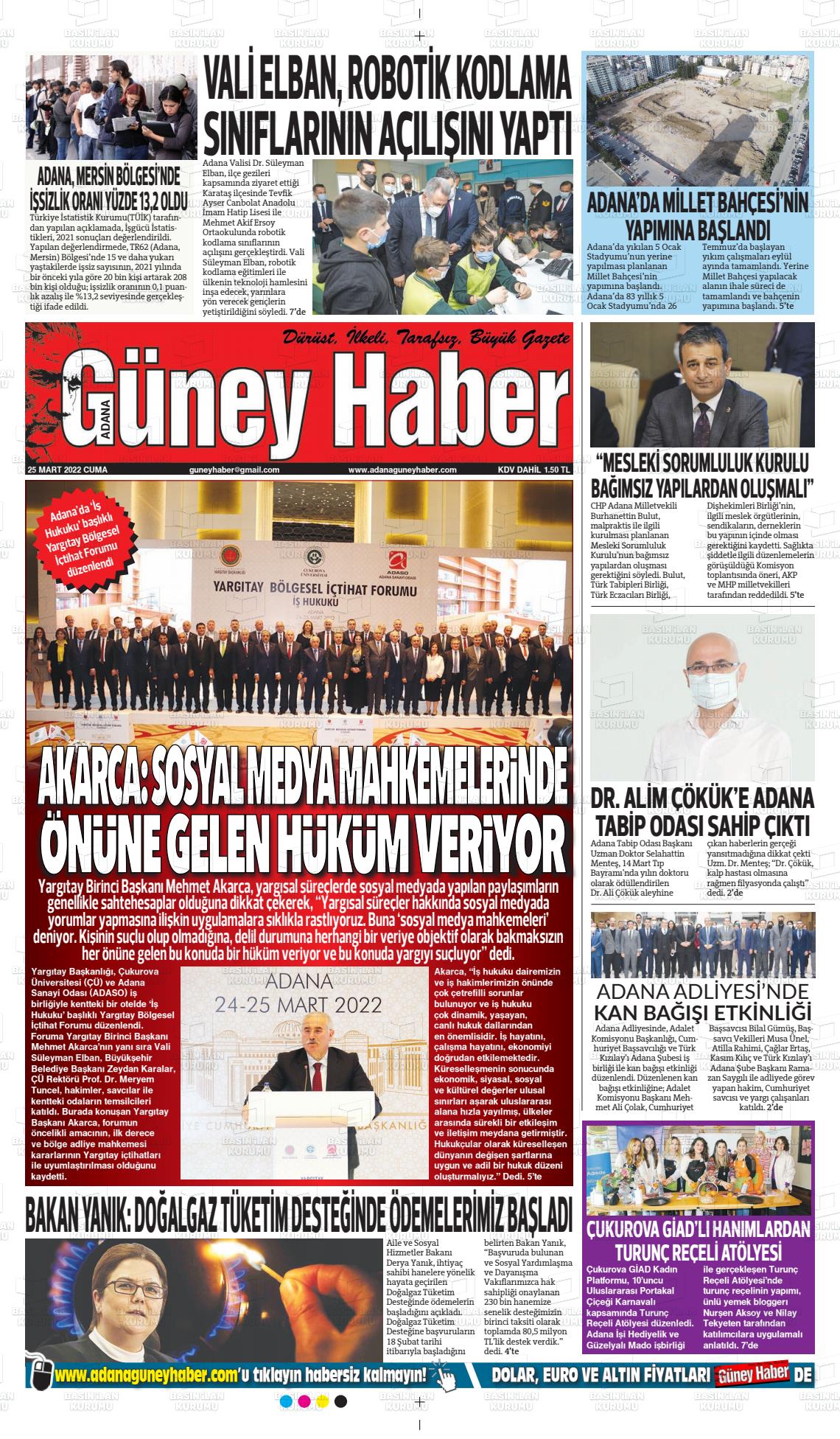 25 Mart 2022 Adana Güney Haber Gazete Manşeti