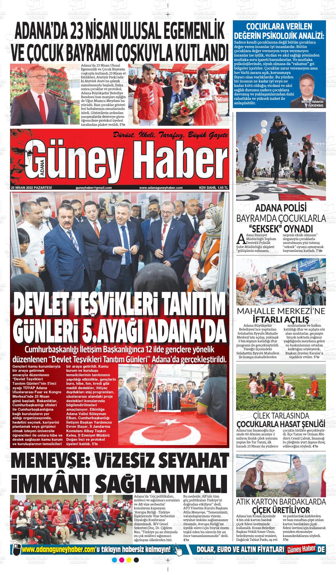 25 Nisan 2022 Adana Güney Haber Gazete Manşeti