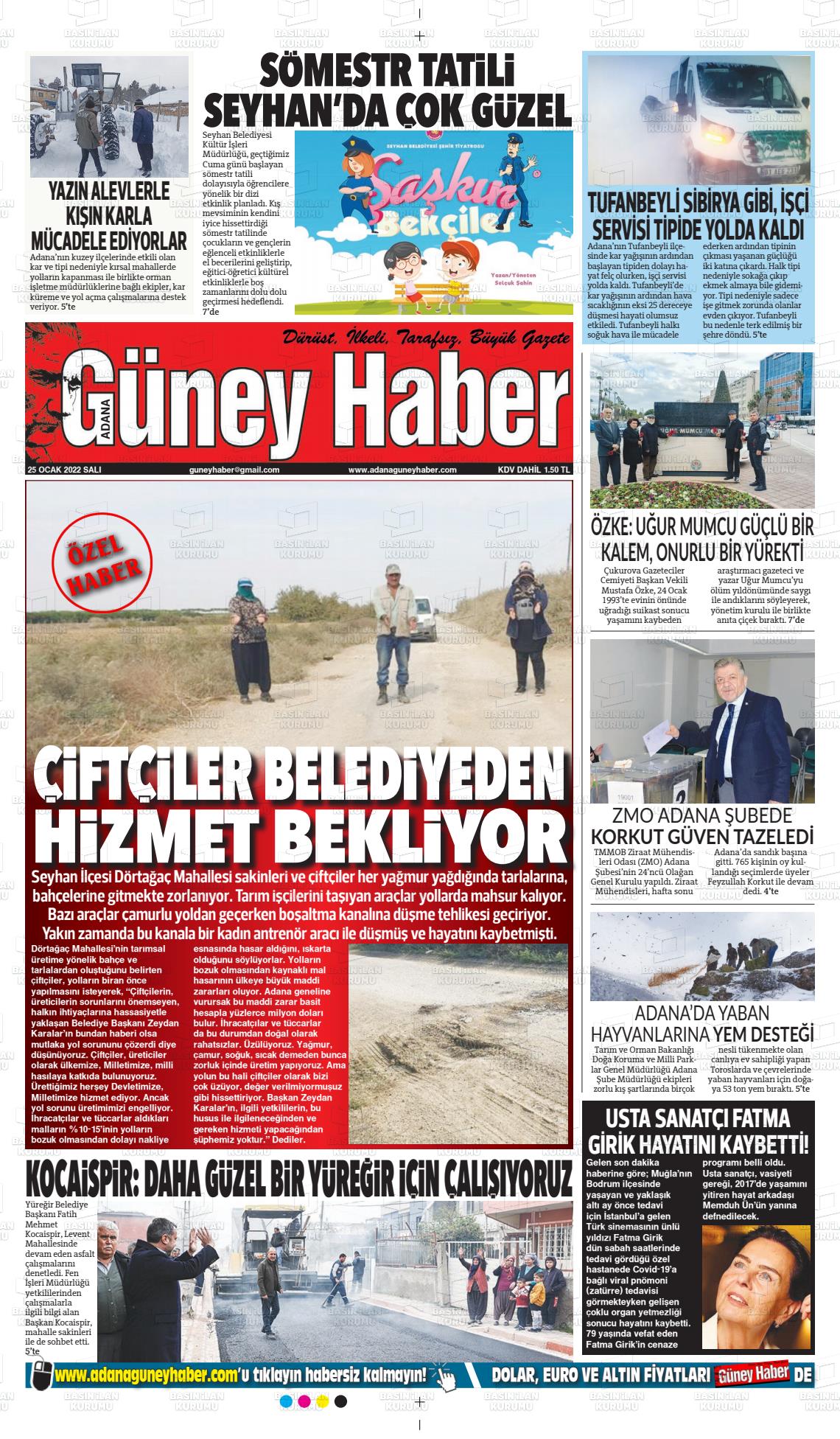 25 Ocak 2022 Adana Güney Haber Gazete Manşeti