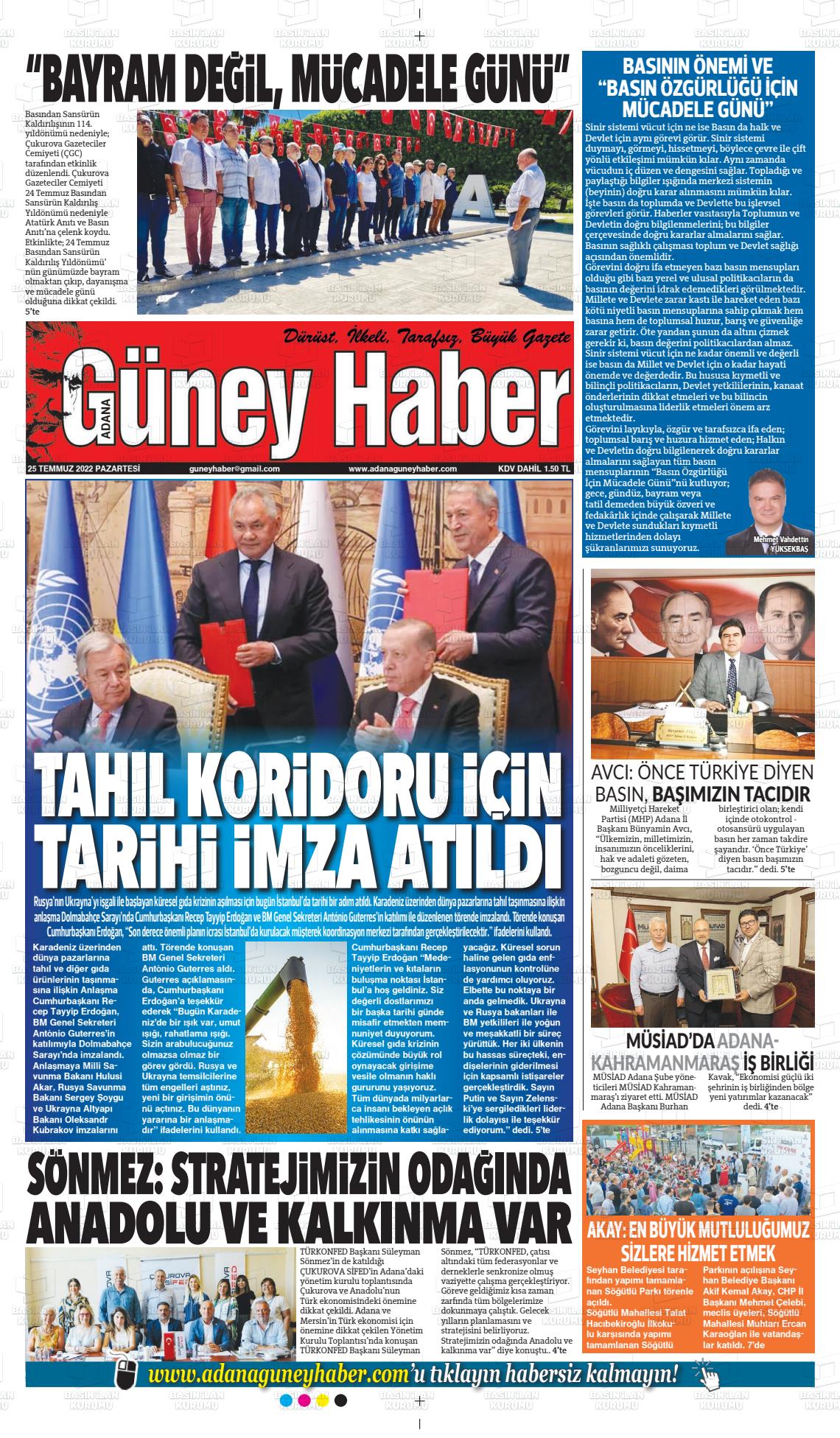 25 Temmuz 2022 Adana Güney Haber Gazete Manşeti