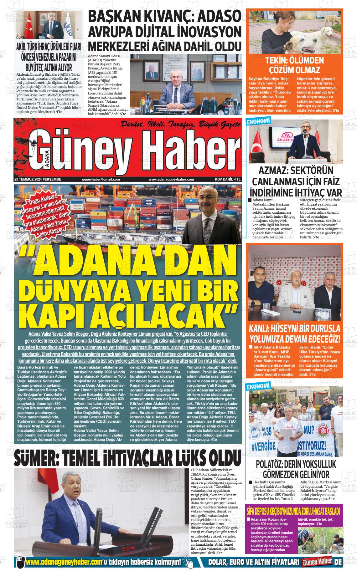 25 Temmuz 2024 Adana Güney Haber Gazete Manşeti