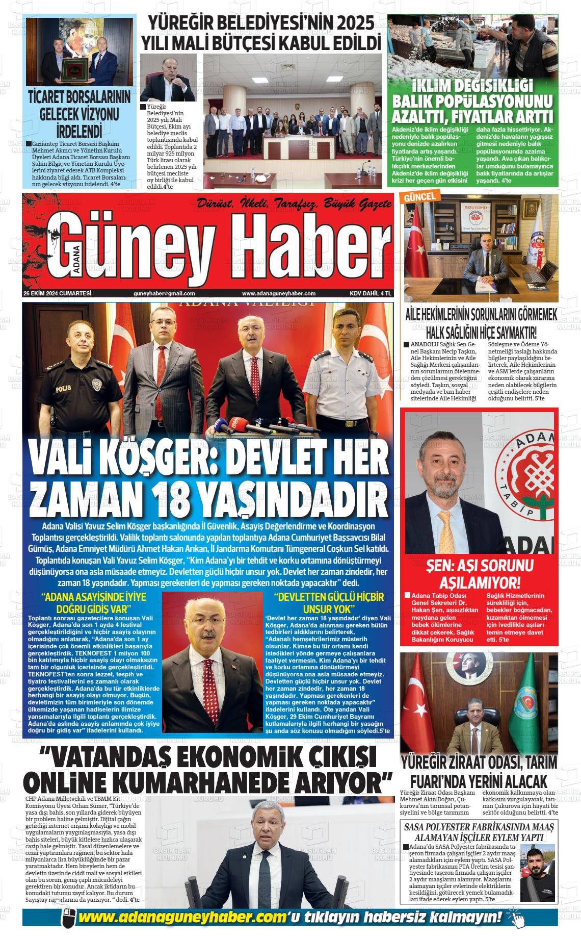 26 Ekim 2024 Adana Güney Haber Gazete Manşeti