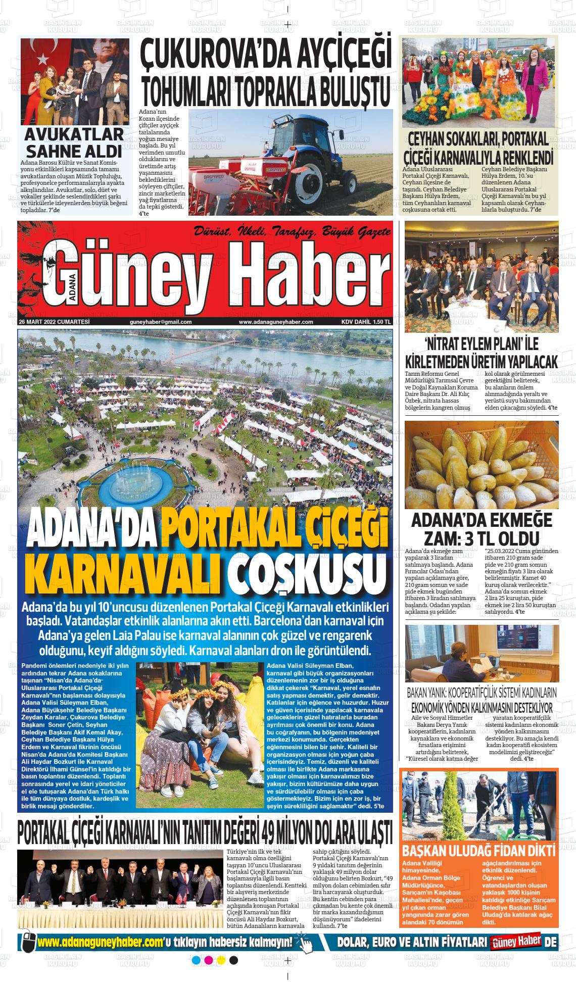 26 Mart 2022 Adana Güney Haber Gazete Manşeti