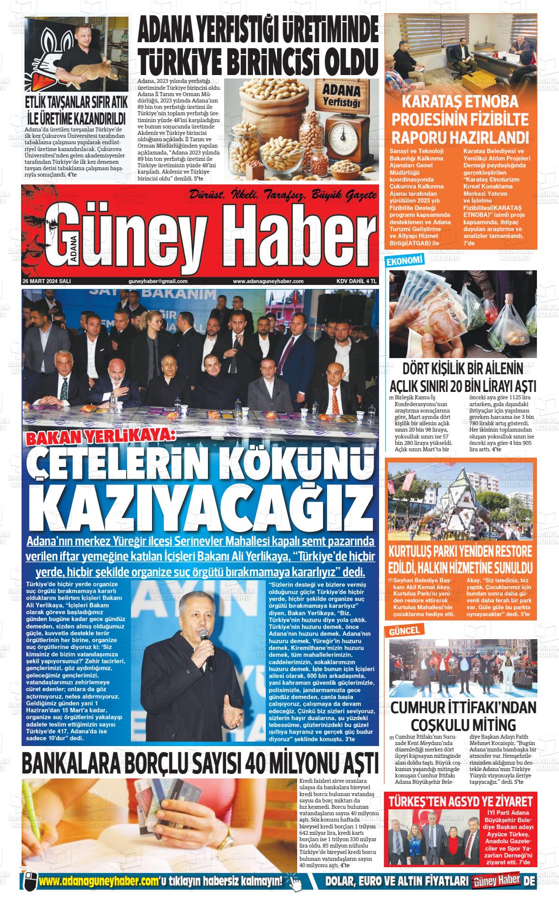 26 Mart 2024 Adana Güney Haber Gazete Manşeti