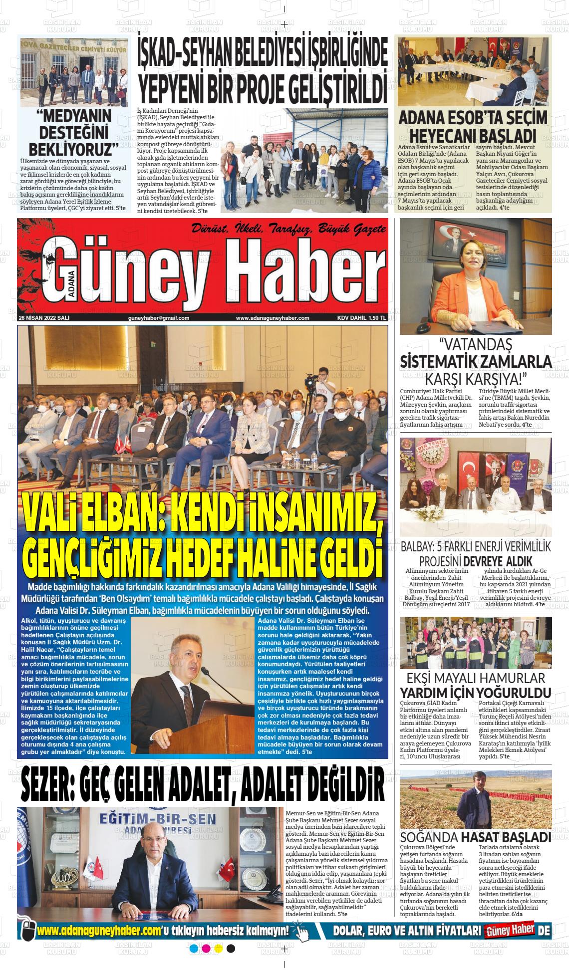 26 Nisan 2022 Adana Güney Haber Gazete Manşeti