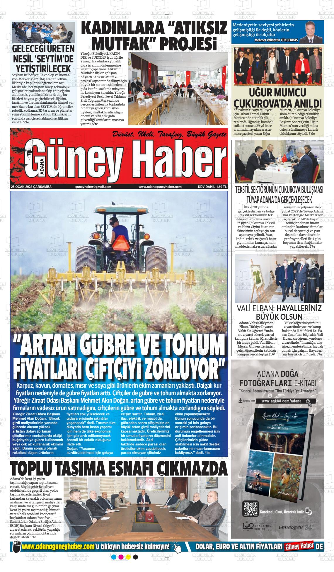 26 Ocak 2022 Adana Güney Haber Gazete Manşeti