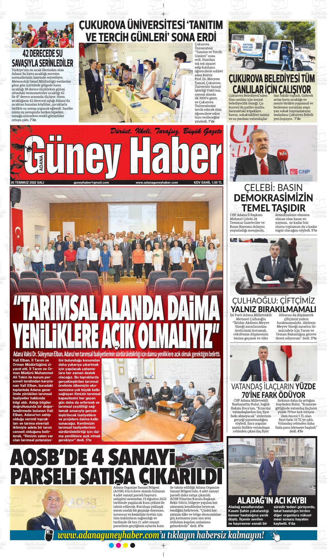 26 Temmuz 2022 Adana Güney Haber Gazete Manşeti