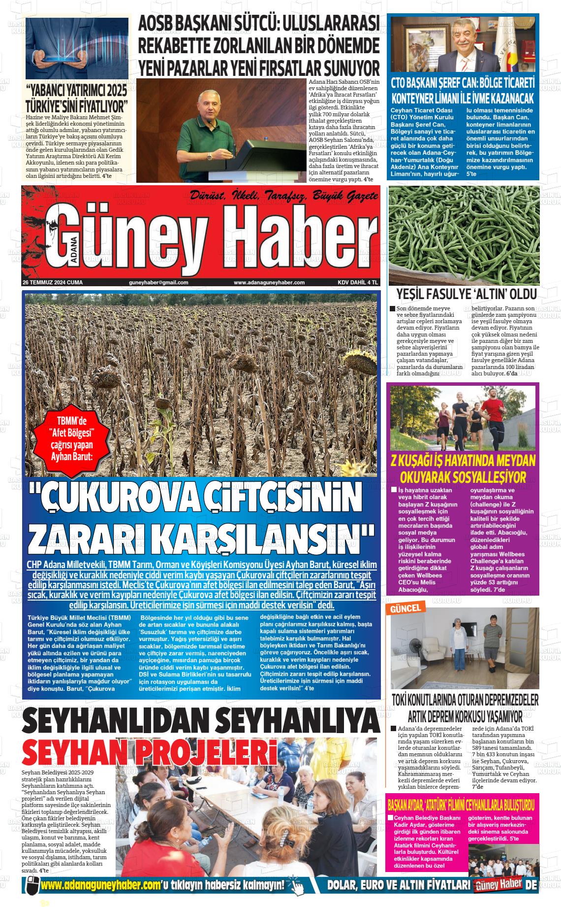 26 Temmuz 2024 Adana Güney Haber Gazete Manşeti