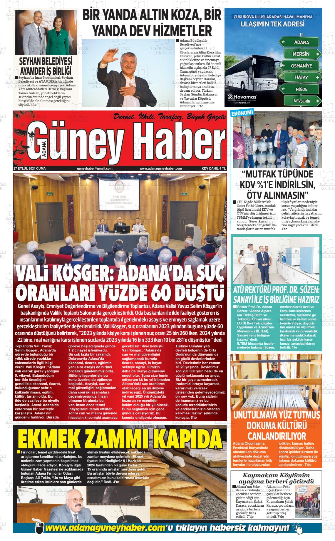 27 Eylül 2024 Adana Güney Haber Gazete Manşeti