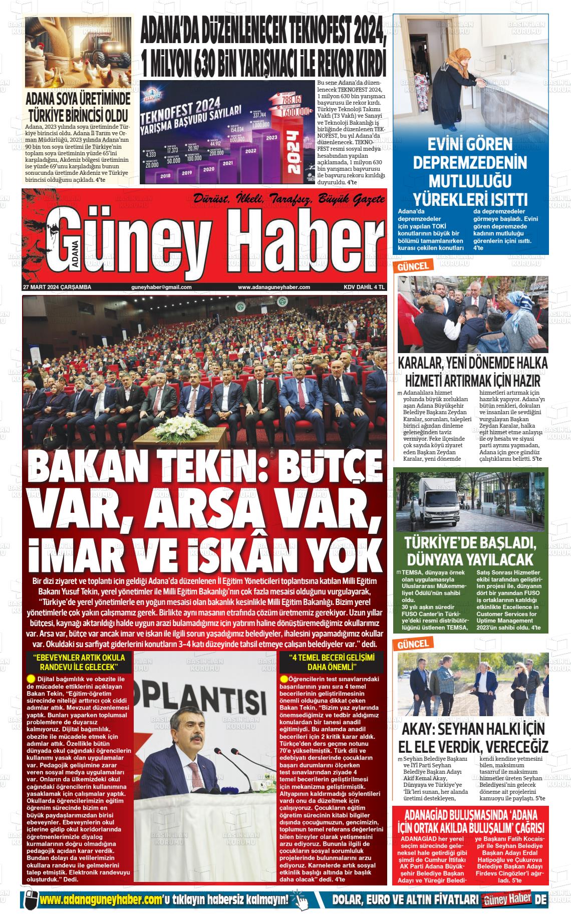 27 Mart 2024 Adana Güney Haber Gazete Manşeti