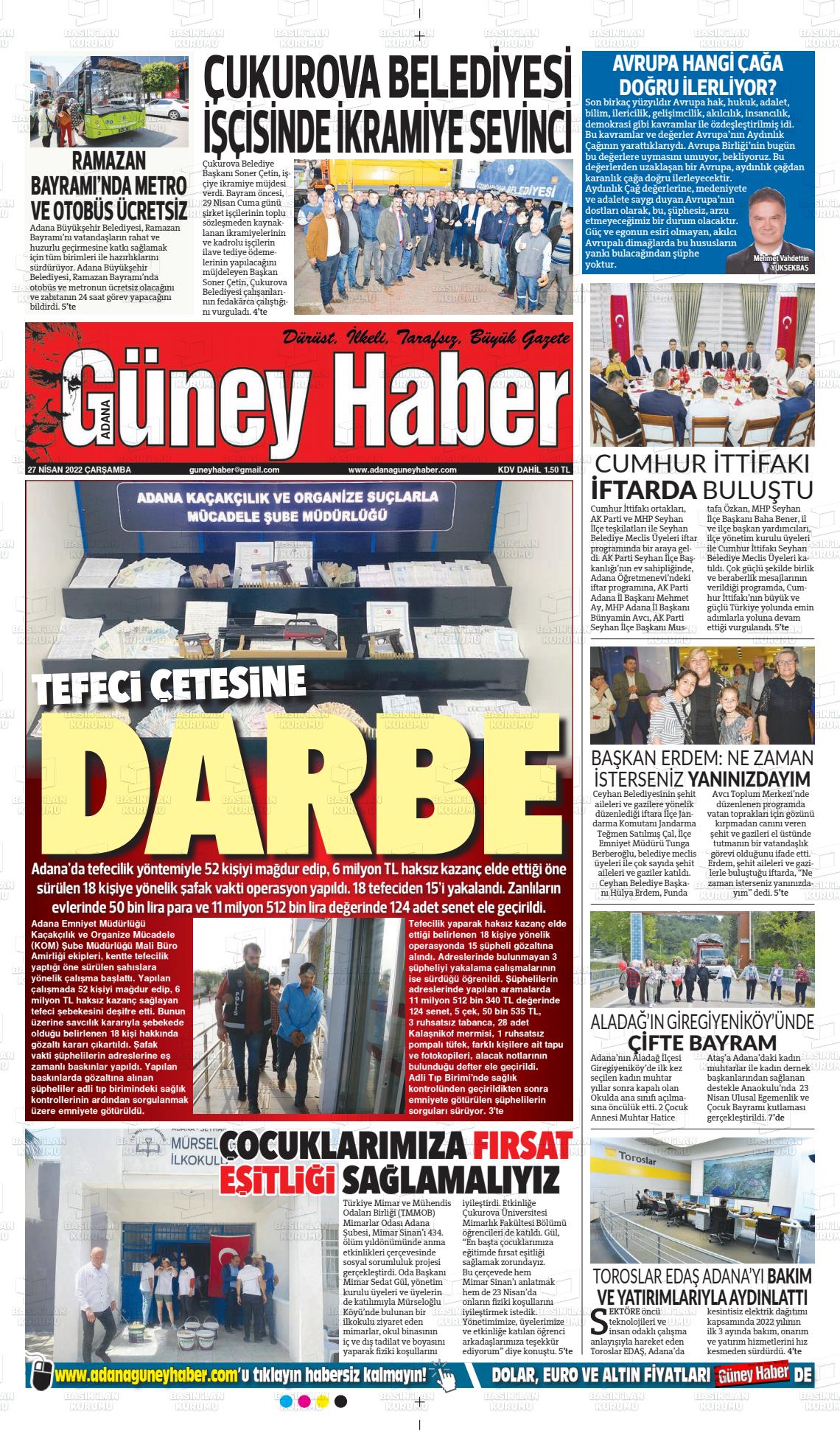 27 Nisan 2022 Adana Güney Haber Gazete Manşeti