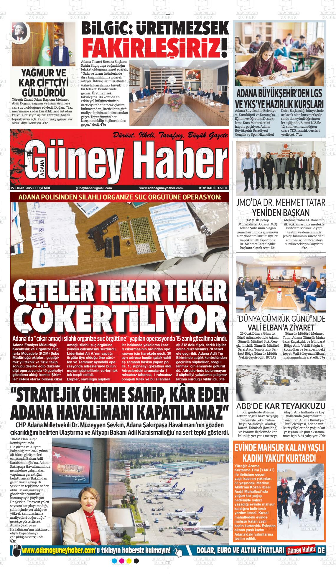 27 Ocak 2022 Adana Güney Haber Gazete Manşeti