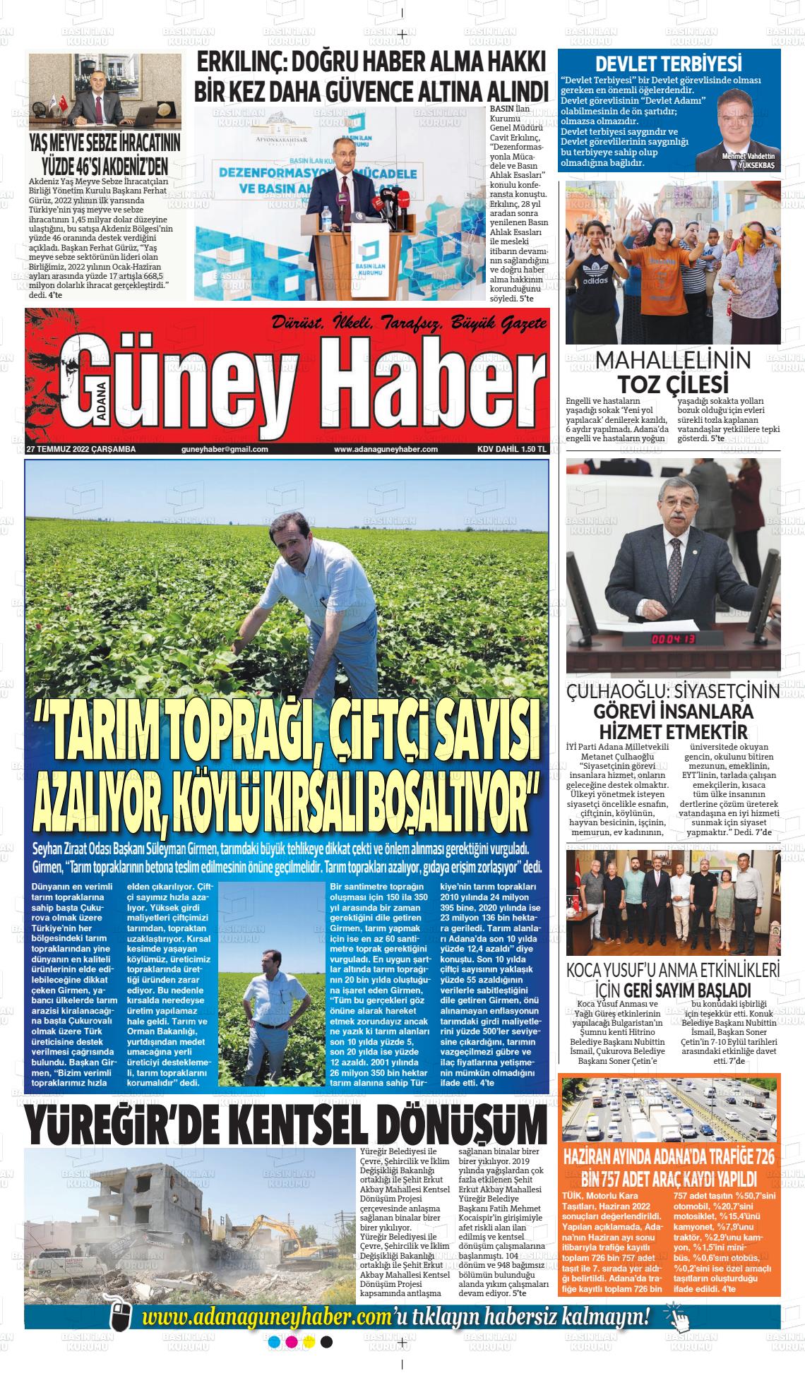 27 Temmuz 2022 Adana Güney Haber Gazete Manşeti