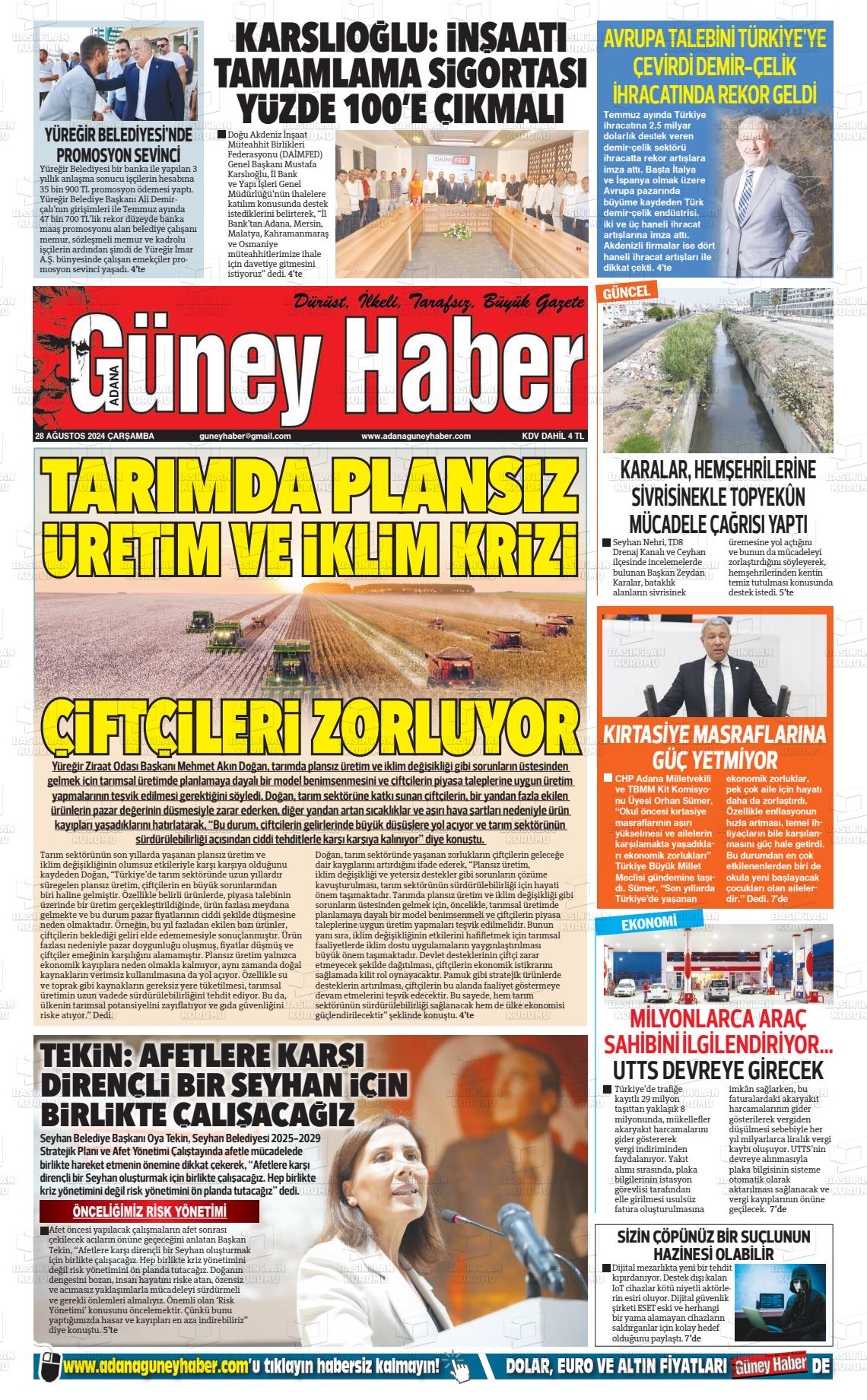 28 Ağustos 2024 Adana Güney Haber Gazete Manşeti