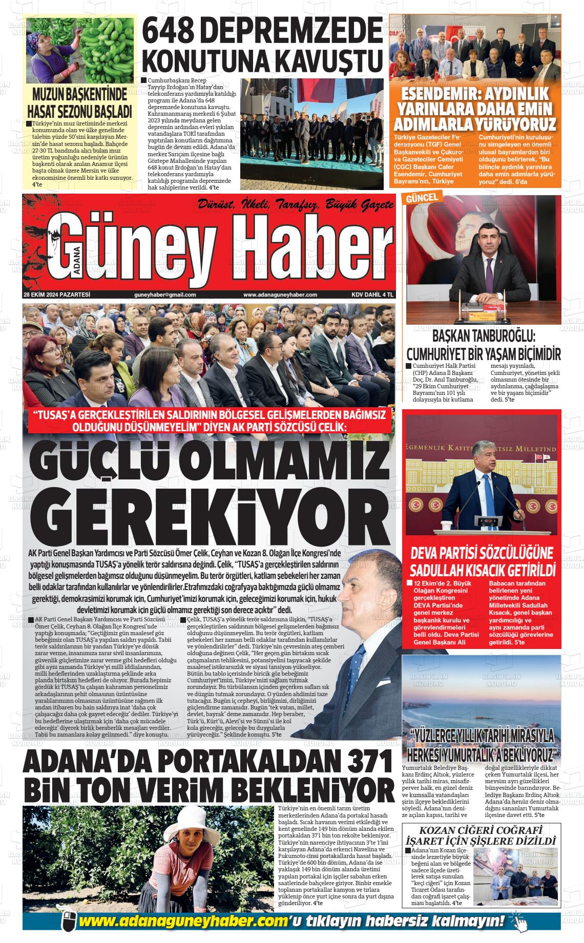 28 Ekim 2024 Adana Güney Haber Gazete Manşeti