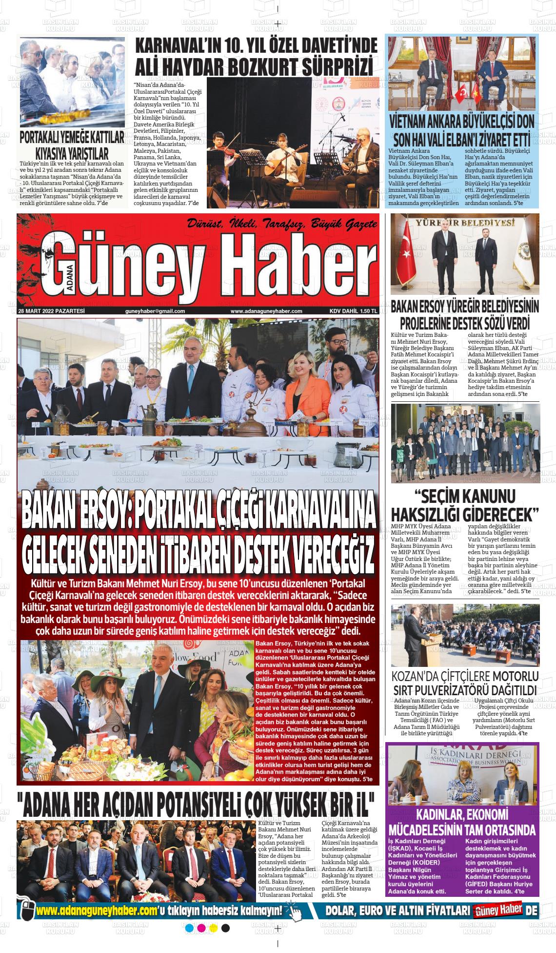 28 Mart 2022 Adana Güney Haber Gazete Manşeti