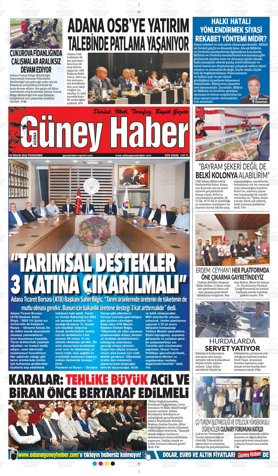 28 Nisan 2022 Adana Güney Haber Gazete Manşeti