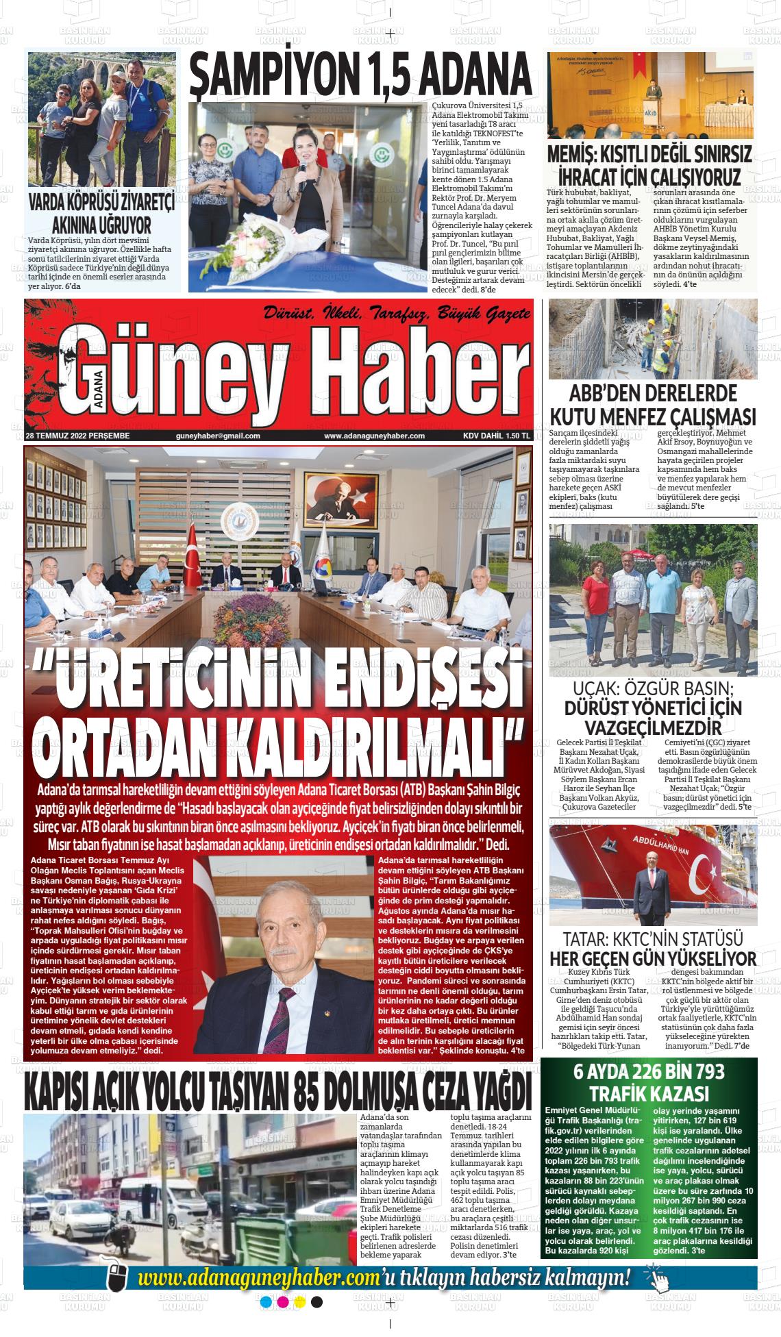 28 Temmuz 2022 Adana Güney Haber Gazete Manşeti