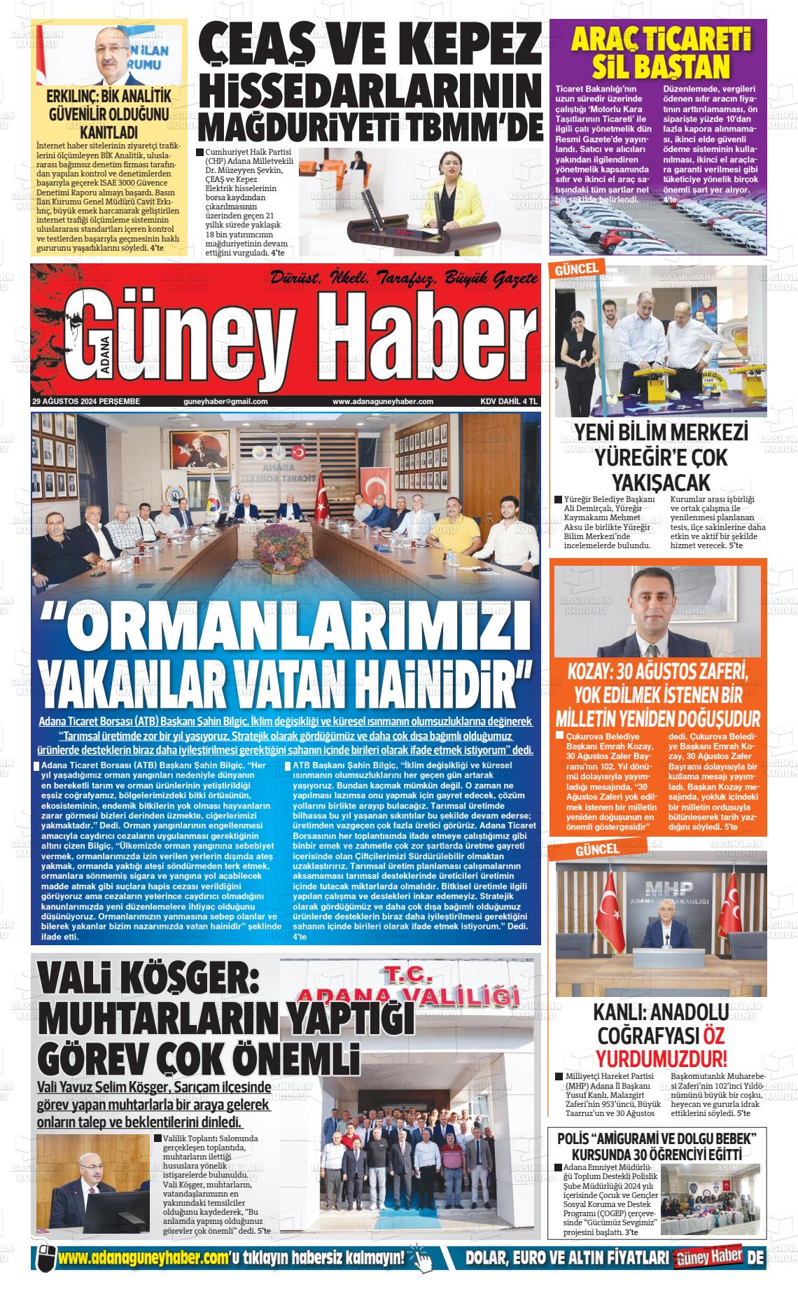 29 Ağustos 2024 Adana Güney Haber Gazete Manşeti