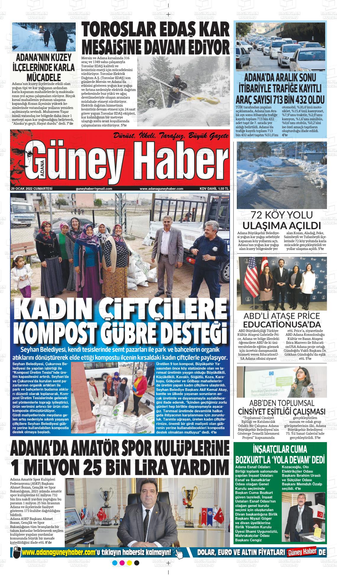 29 Ocak 2022 Adana Güney Haber Gazete Manşeti