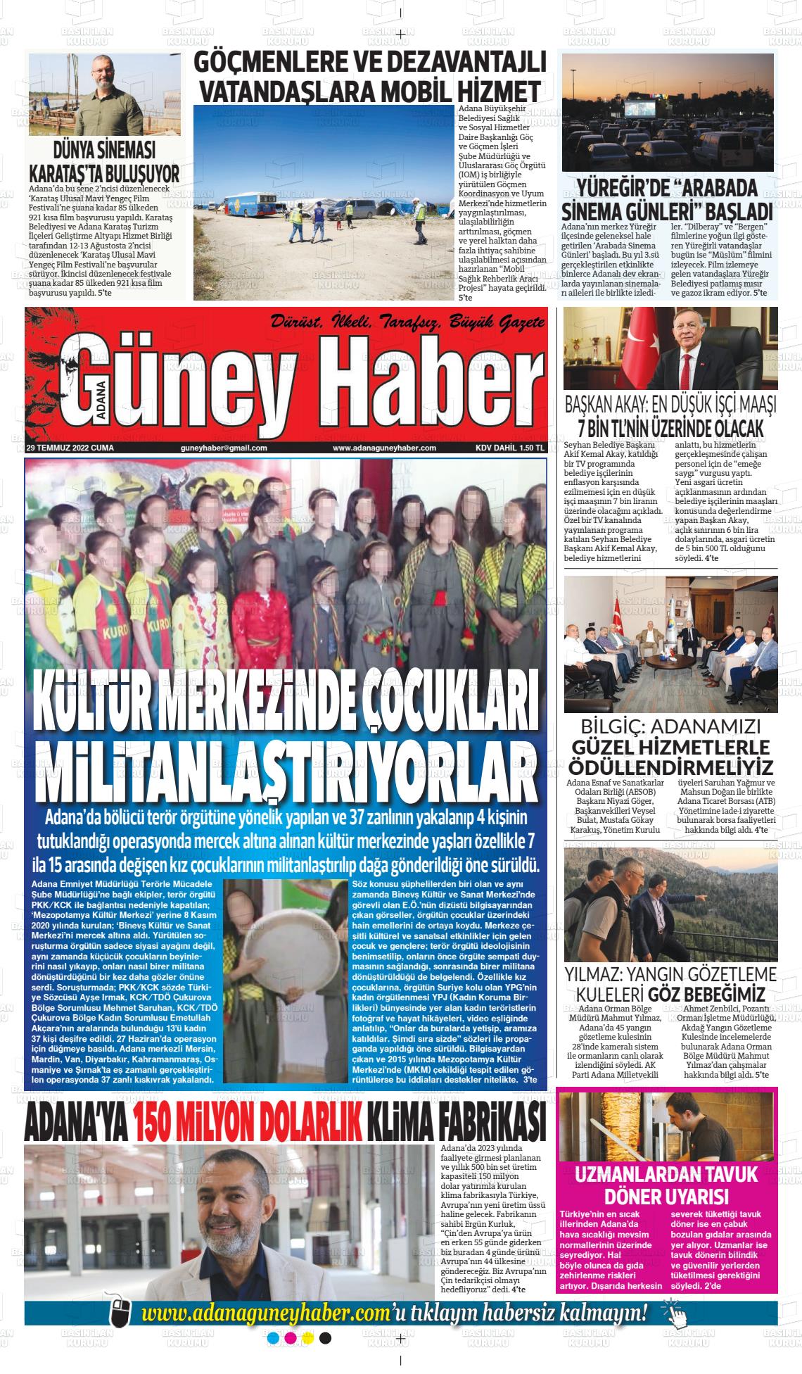 29 Temmuz 2022 Adana Güney Haber Gazete Manşeti