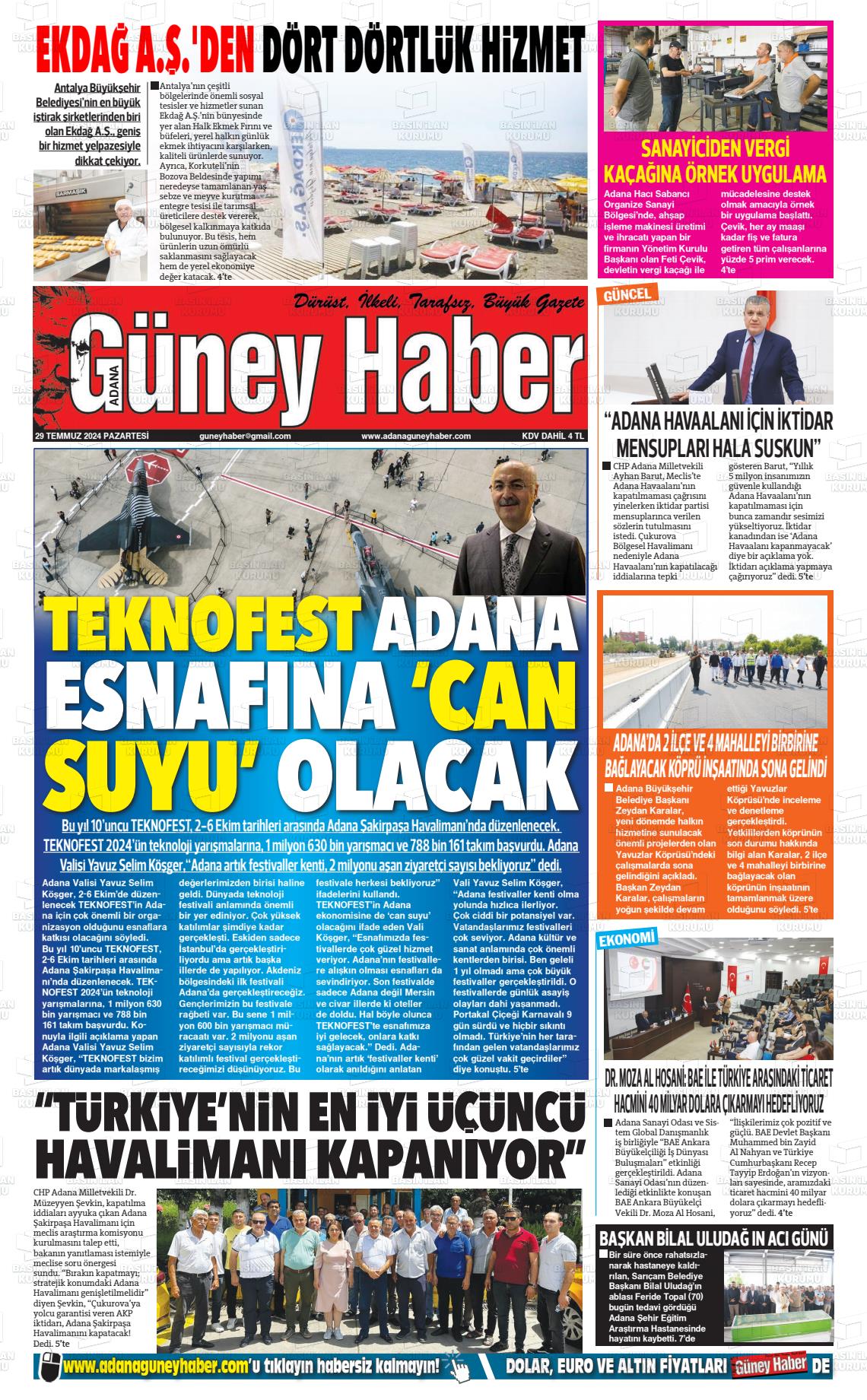 29 Temmuz 2024 Adana Güney Haber Gazete Manşeti