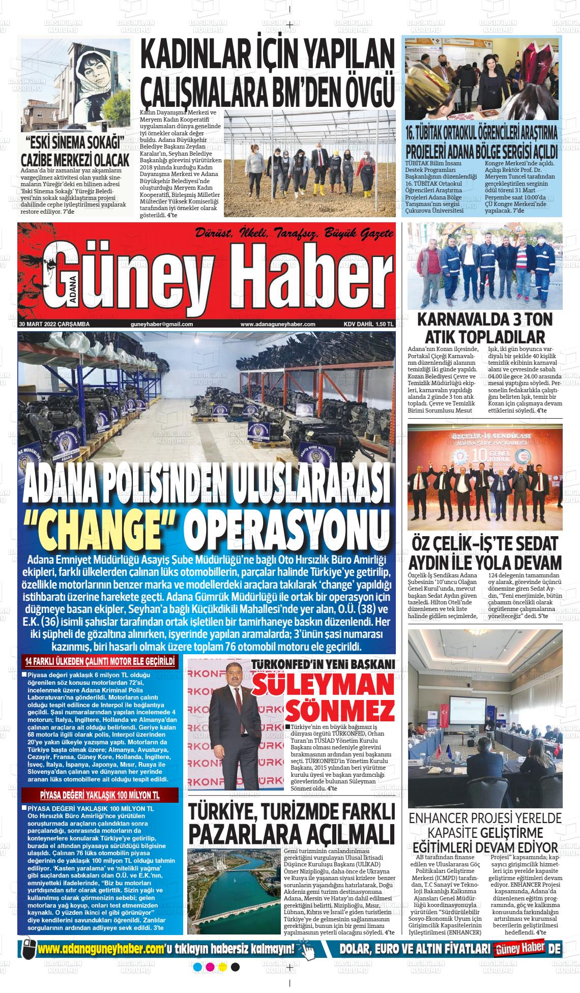 30 Mart 2022 Adana Güney Haber Gazete Manşeti