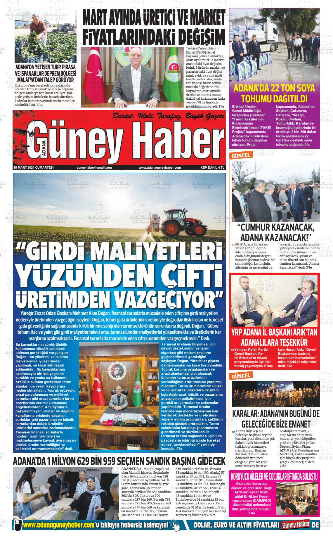 30 Mart 2024 Adana Güney Haber Gazete Manşeti