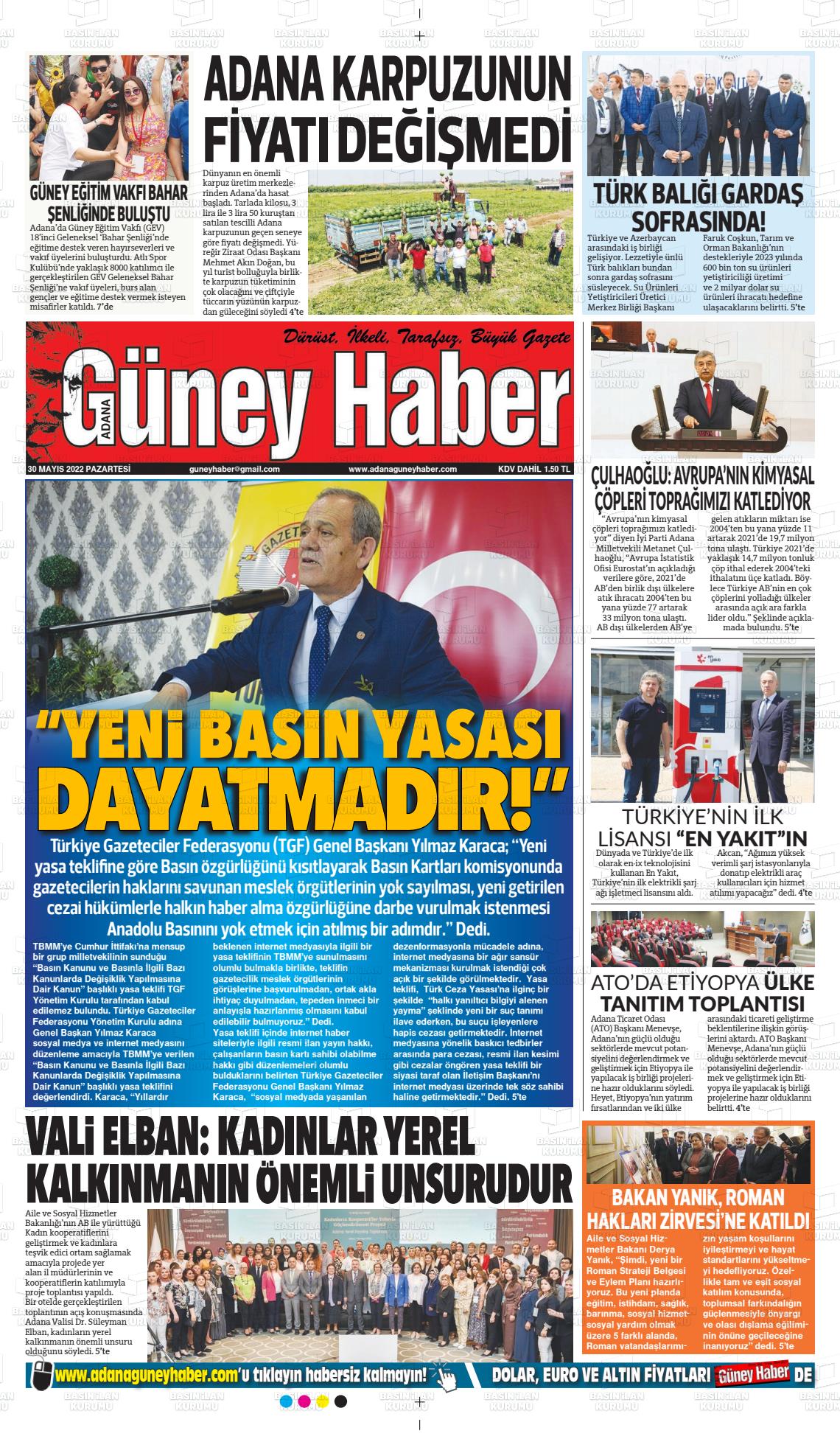 30 Mayıs 2022 Adana Güney Haber Gazete Manşeti