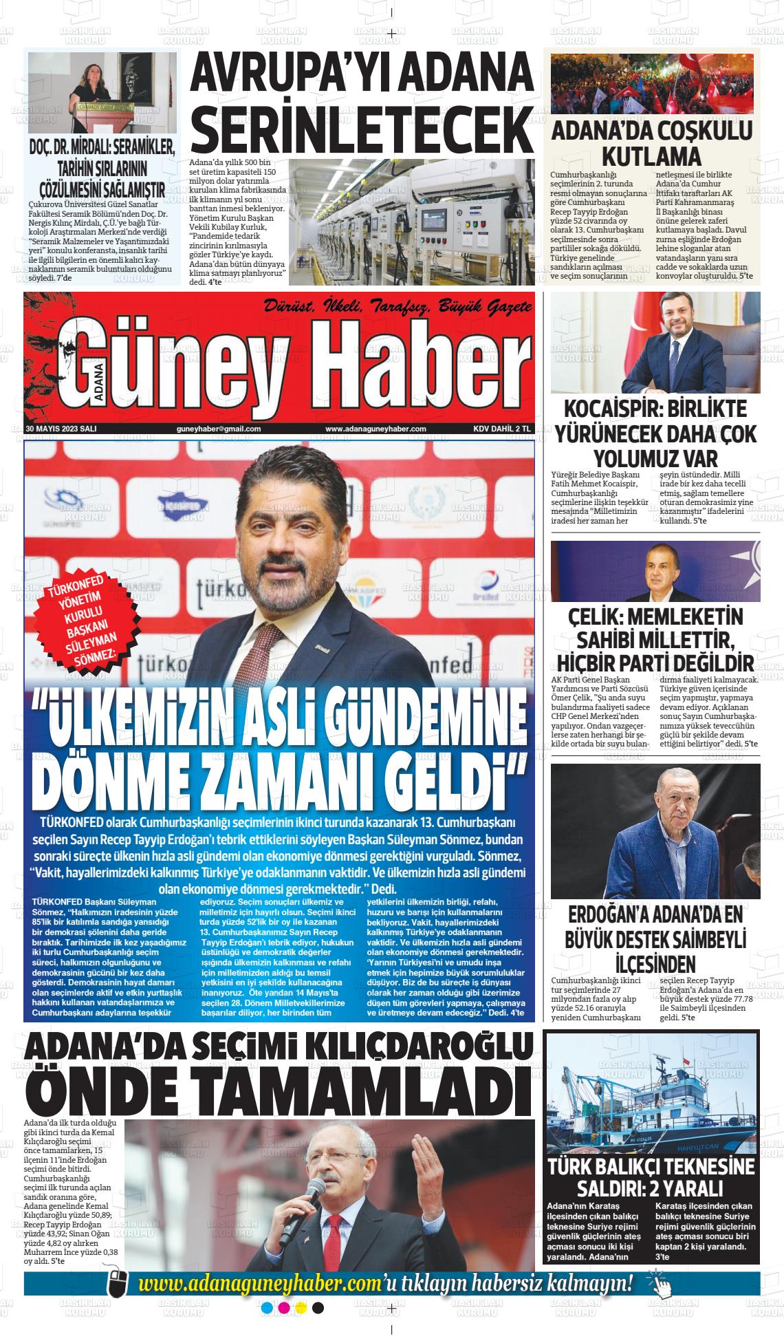 30 Mayıs 2023 Adana Güney Haber Gazete Manşeti