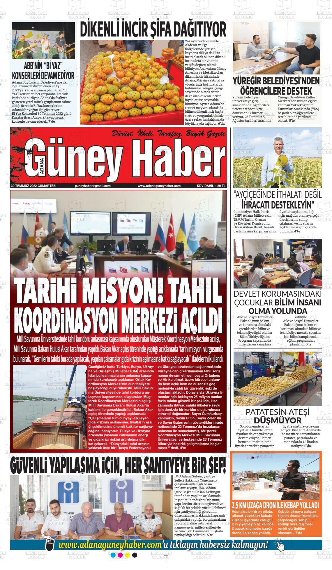 30 Temmuz 2022 Adana Güney Haber Gazete Manşeti