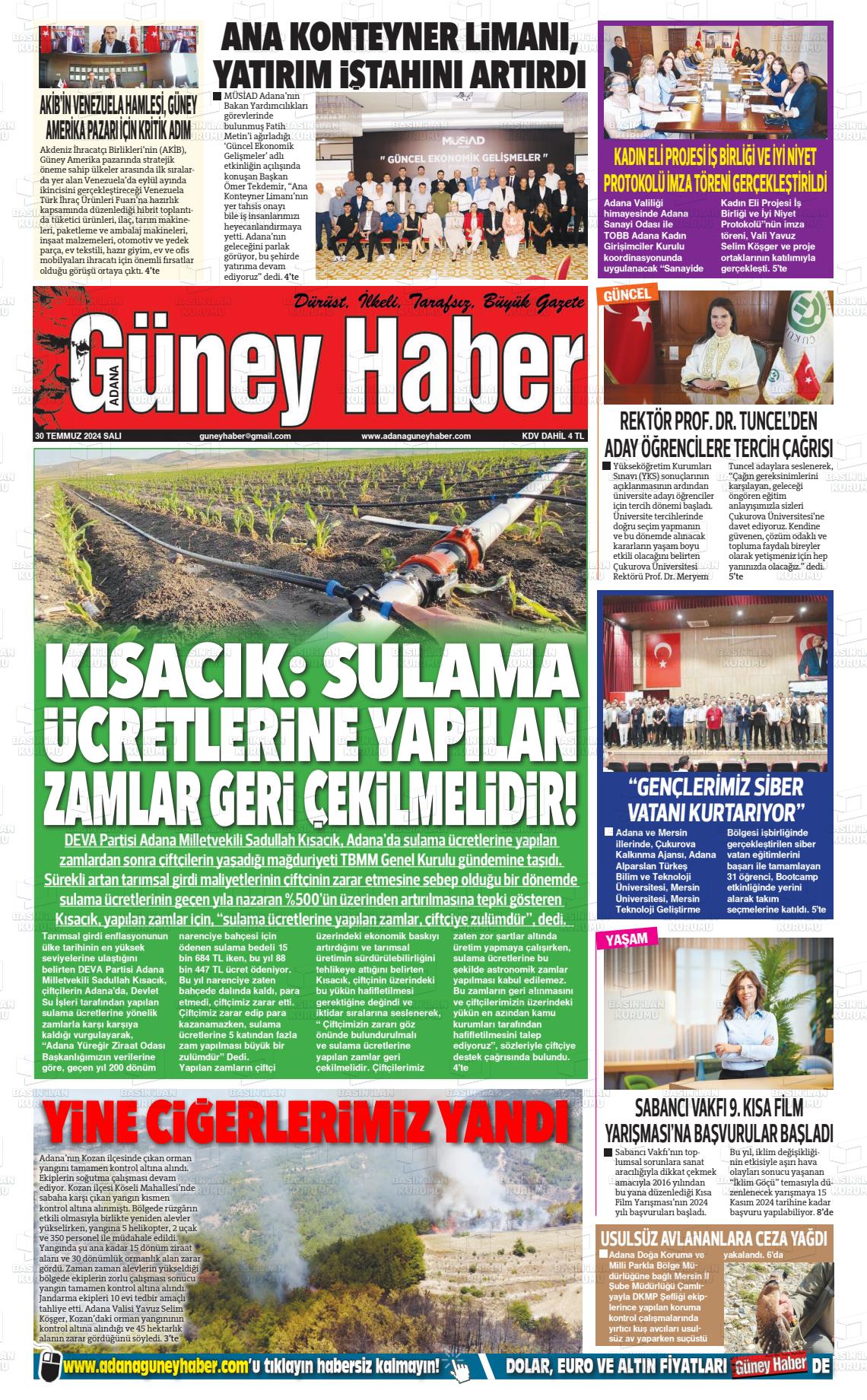 30 Temmuz 2024 Adana Güney Haber Gazete Manşeti