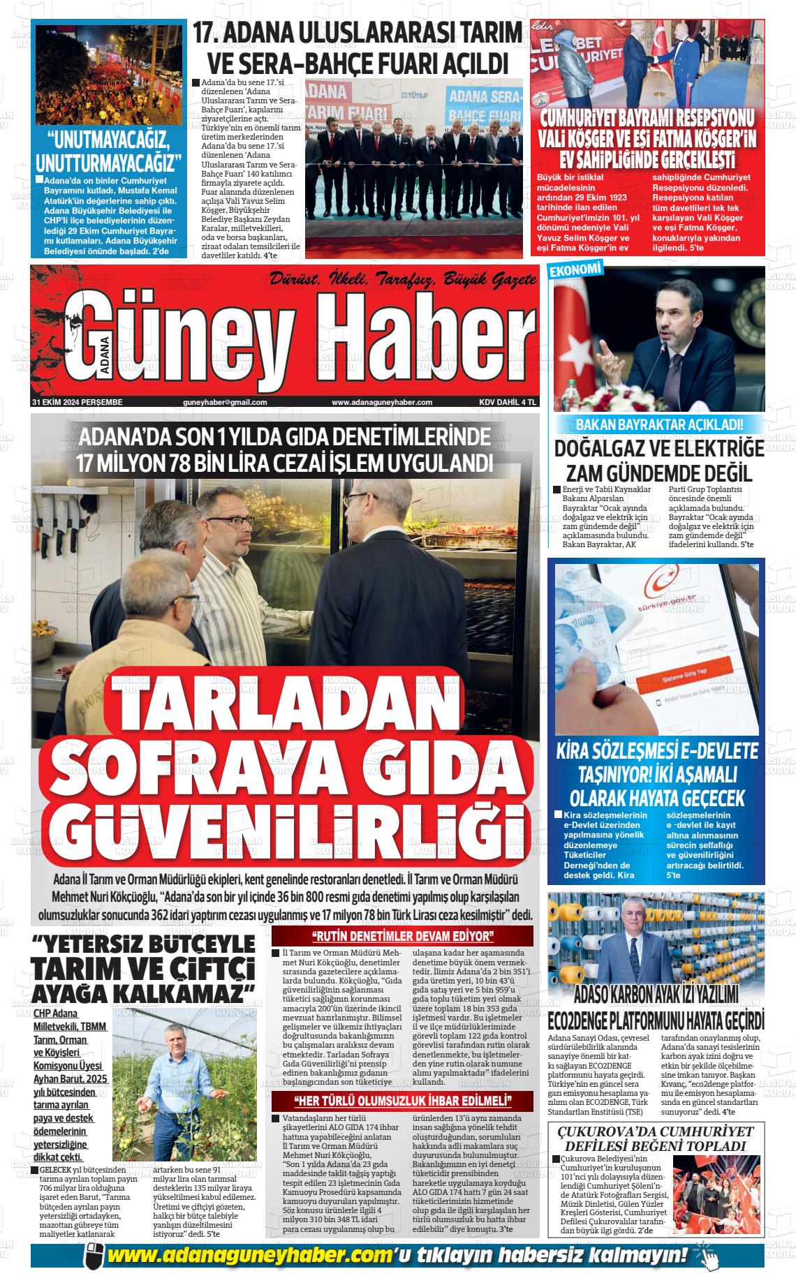 31 Ekim 2024 Adana Güney Haber Gazete Manşeti