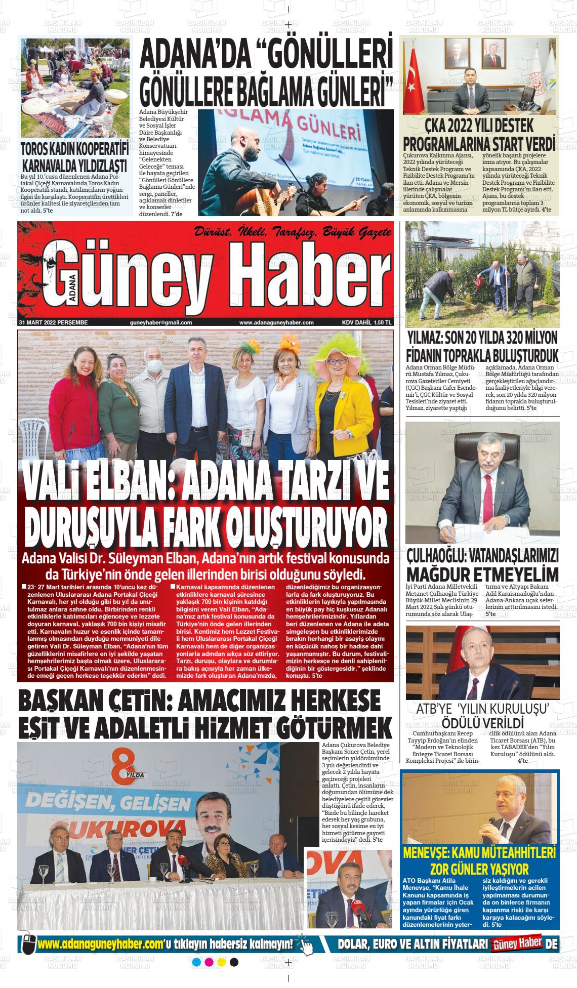 31 Mart 2022 Adana Güney Haber Gazete Manşeti