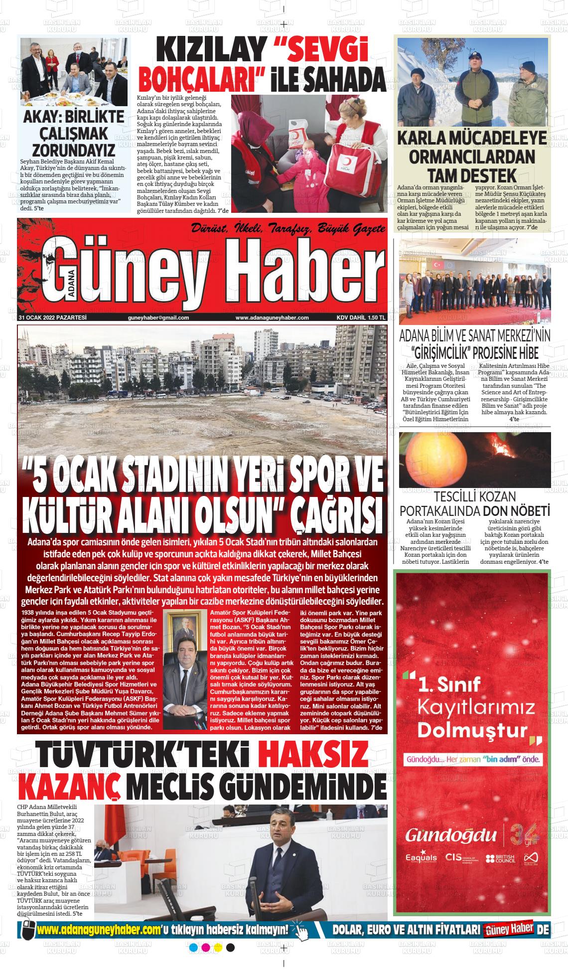 31 Ocak 2022 Adana Güney Haber Gazete Manşeti