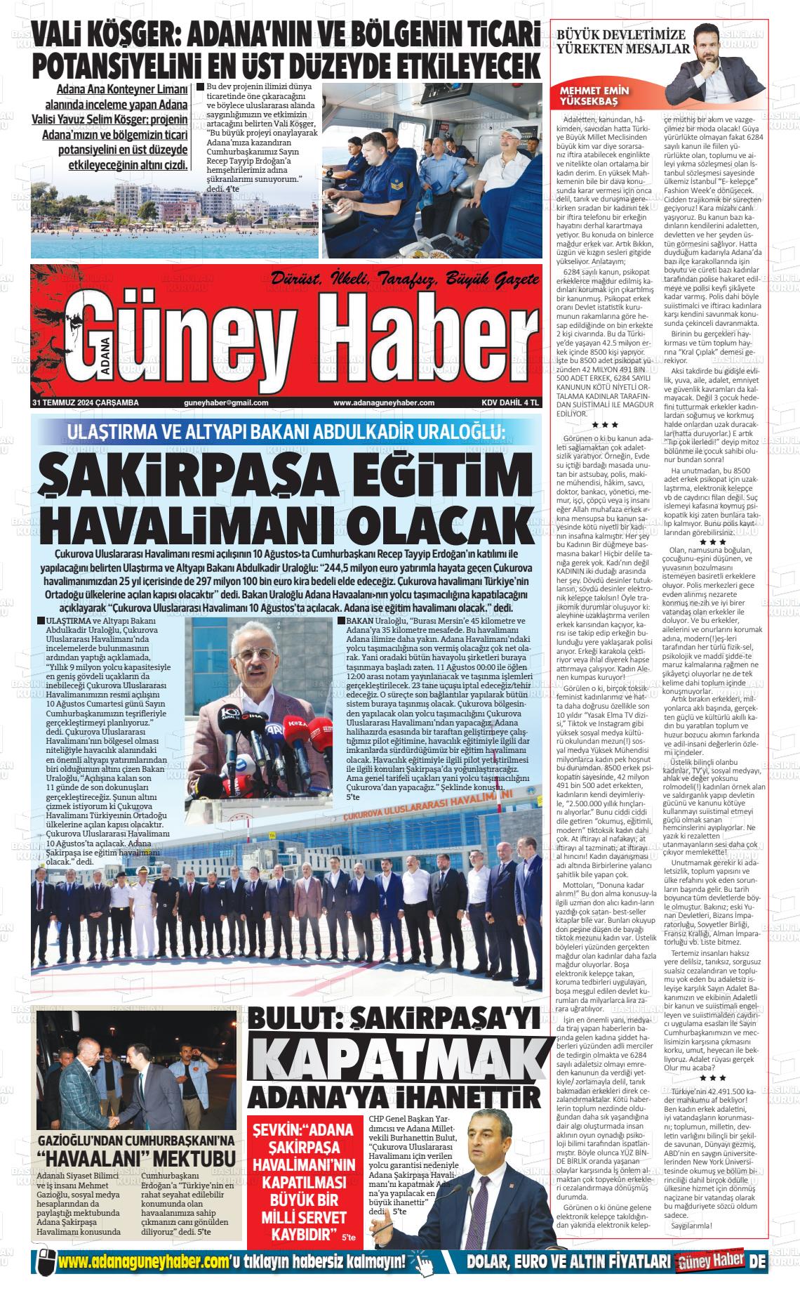 31 Temmuz 2024 Adana Güney Haber Gazete Manşeti