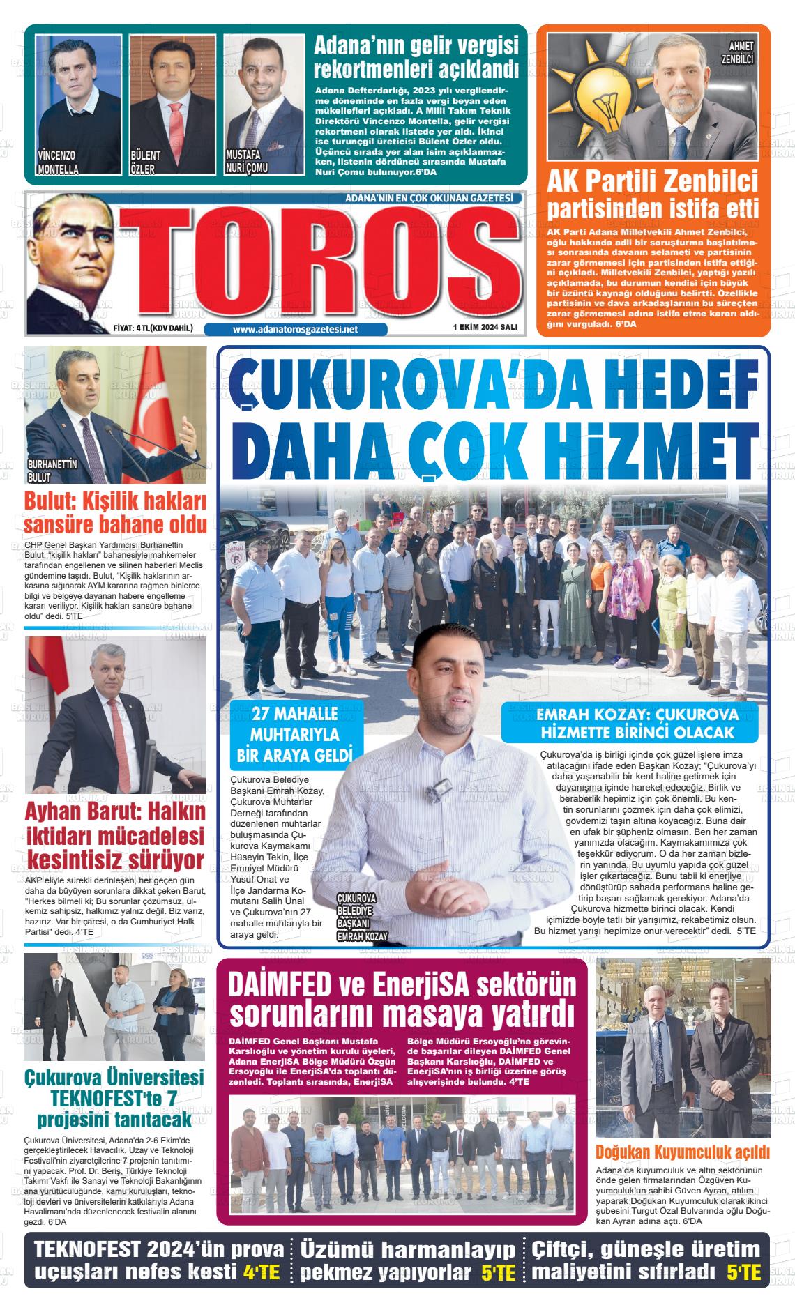 01 Ekim 2024 Toros Gazete Manşeti