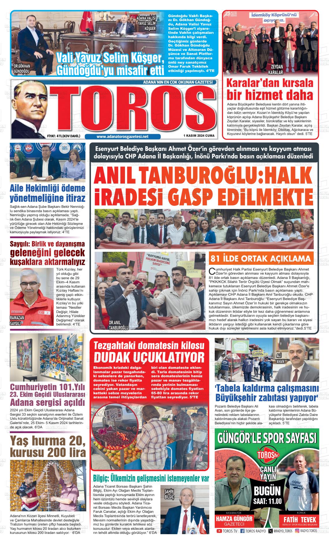 01 Kasım 2024 Toros Gazete Manşeti