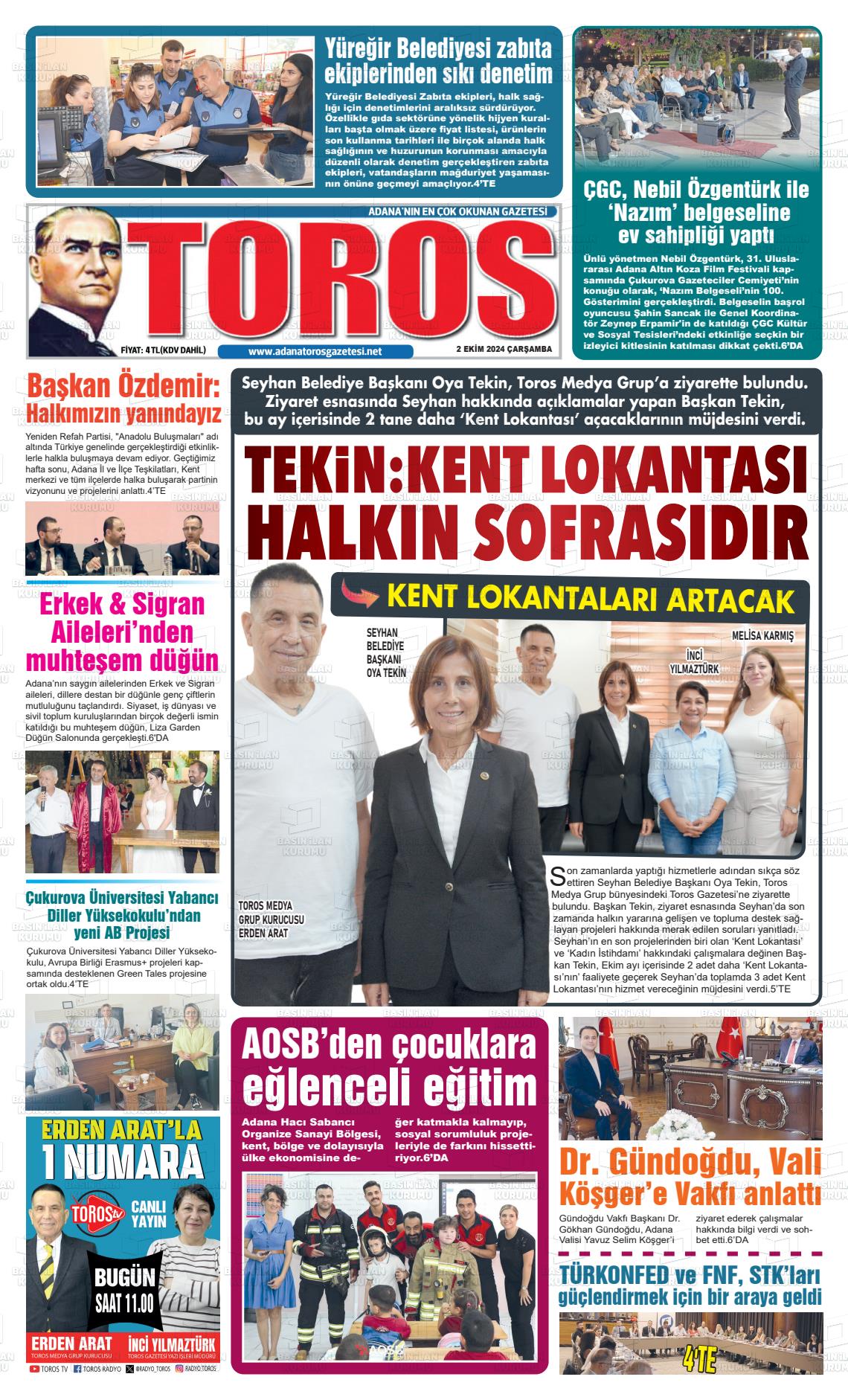 02 Ekim 2024 Toros Gazete Manşeti