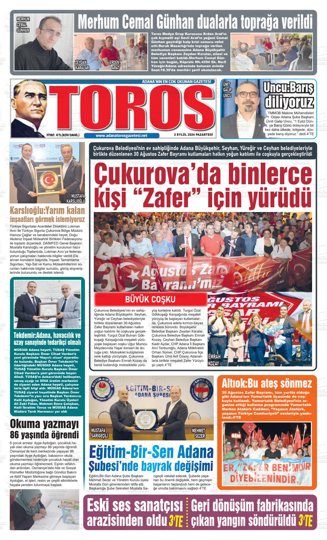 02 Eylül 2024 Toros Gazete Manşeti