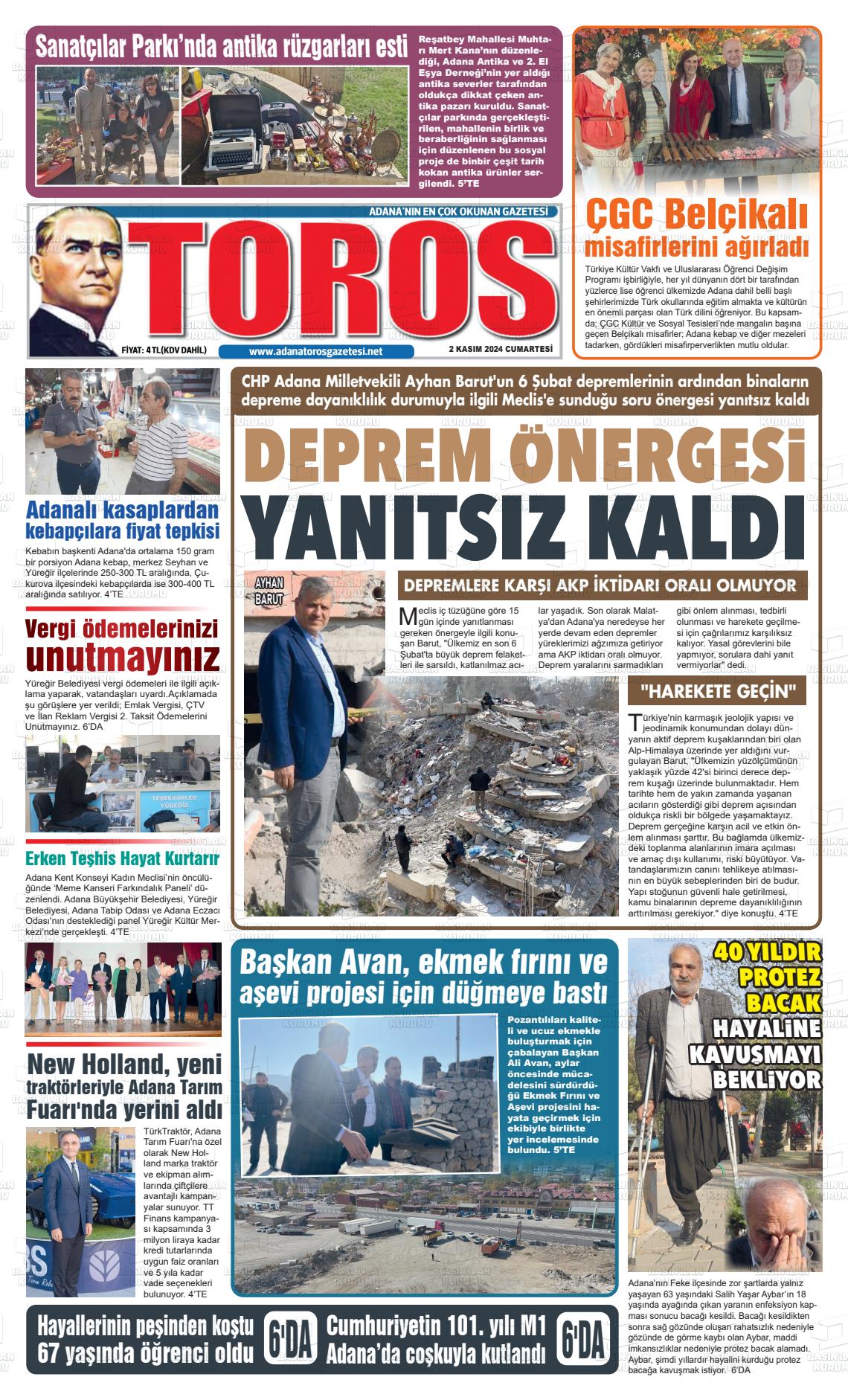 02 Kasım 2024 Toros Gazete Manşeti