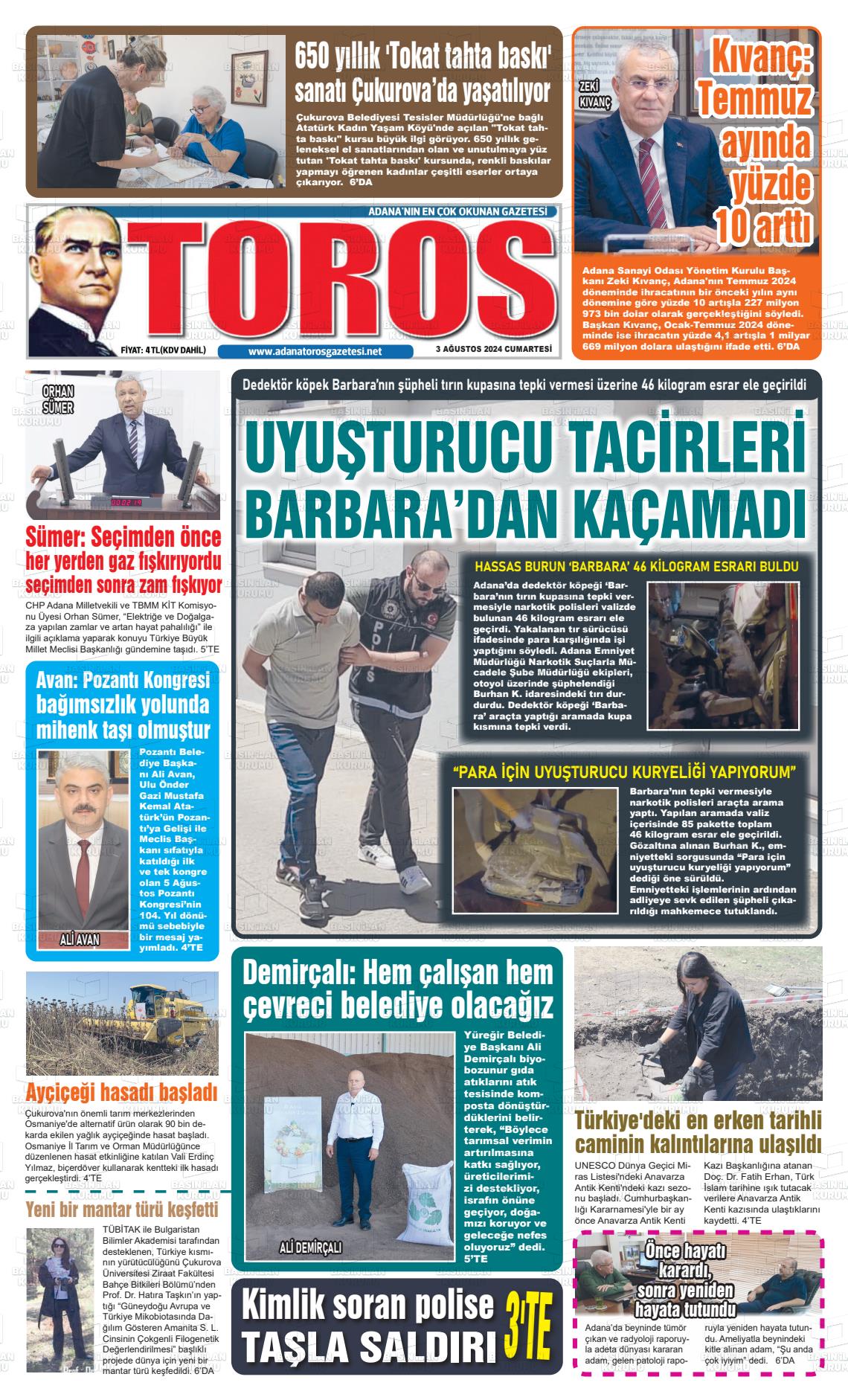 03 Ağustos 2024 Toros Gazete Manşeti