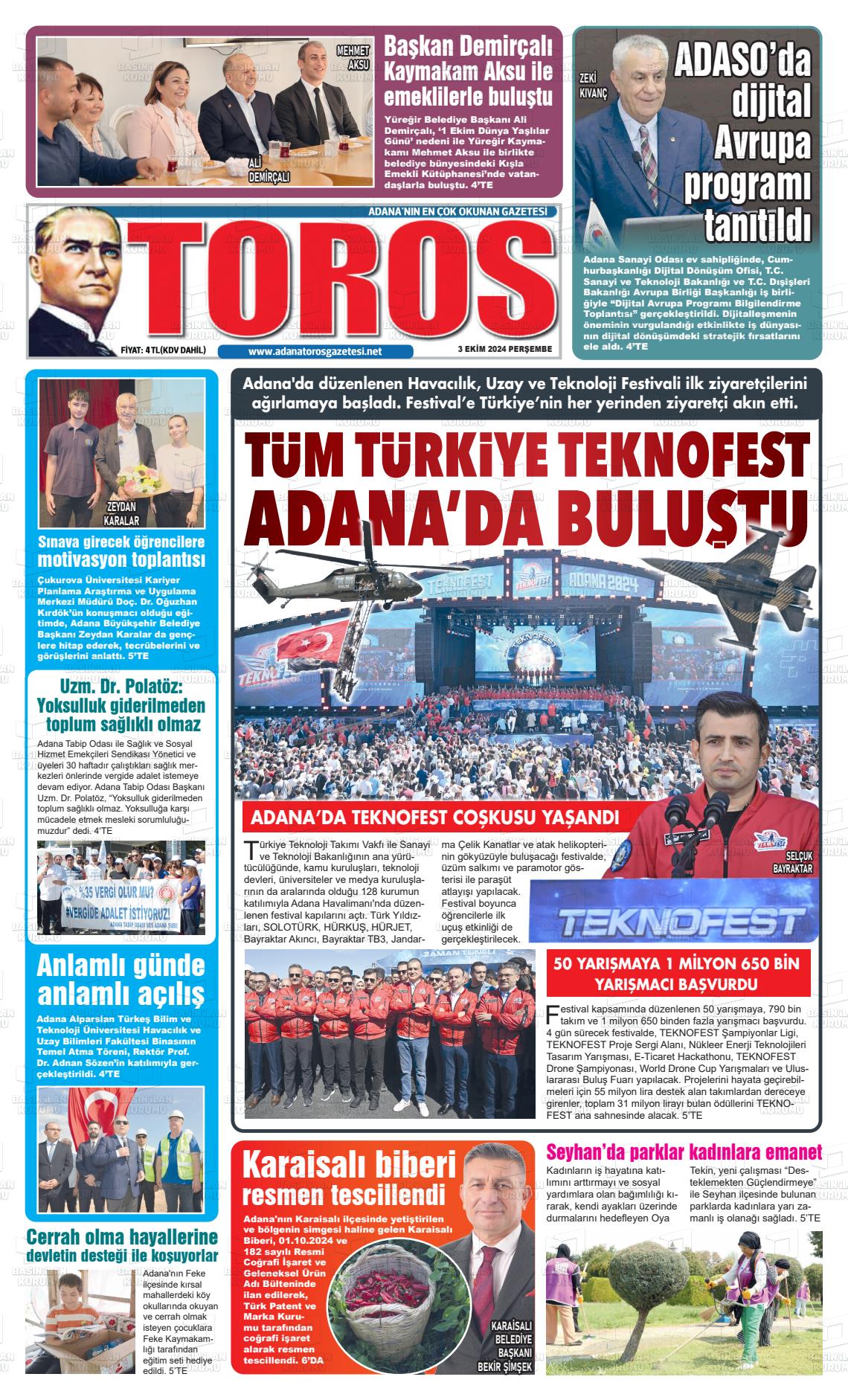 03 Ekim 2024 Toros Gazete Manşeti