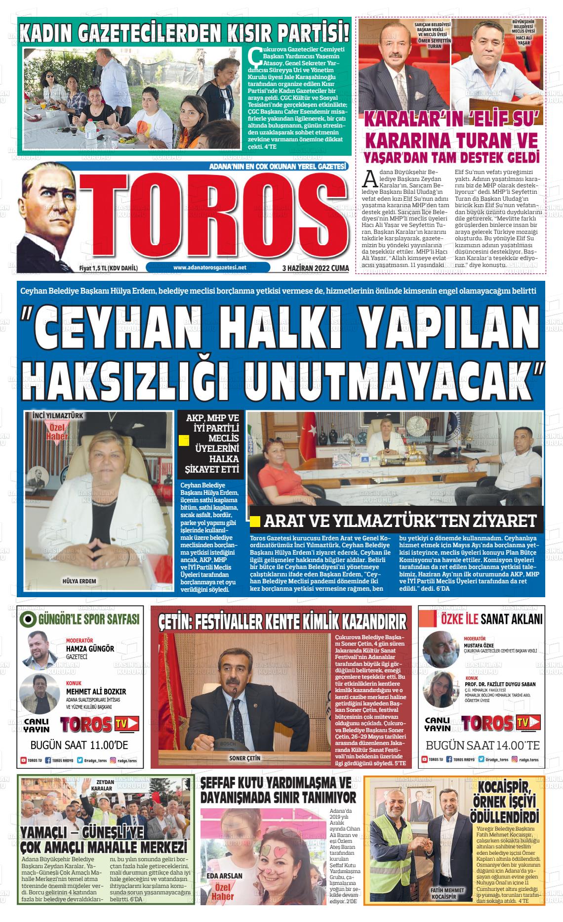 03 Haziran 2022 Toros Gazete Manşeti